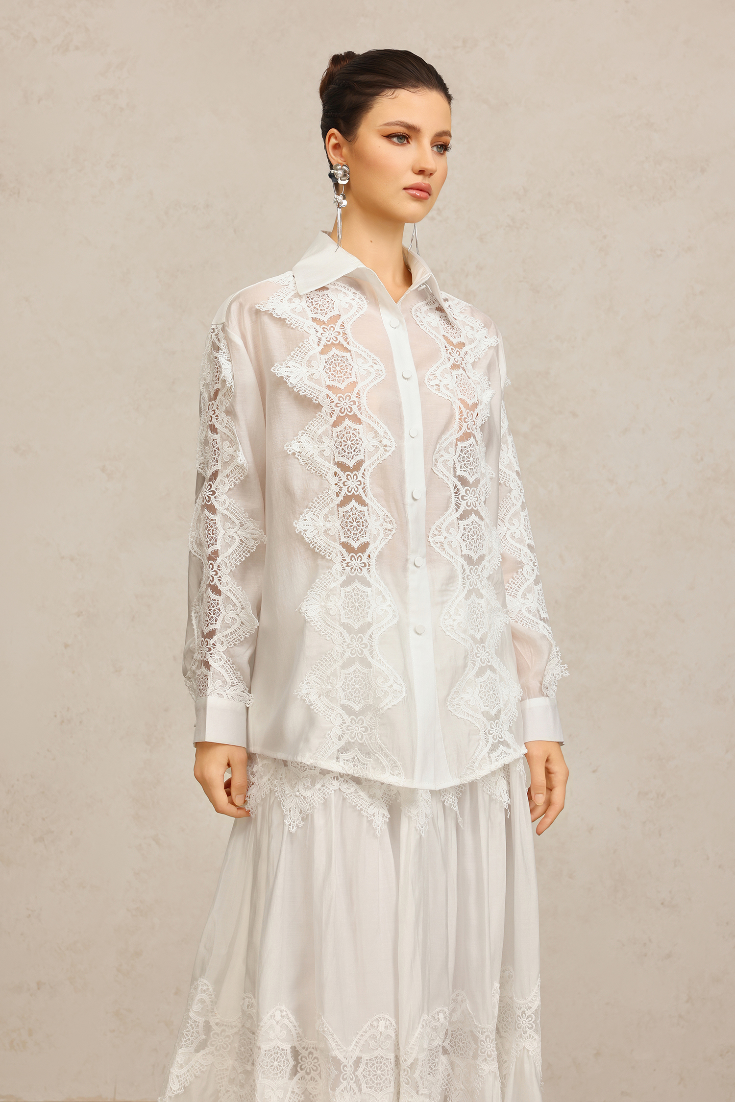 Kater Lapel Long Sleeves Lace Flowers Top And Skirt Two-Piece Set