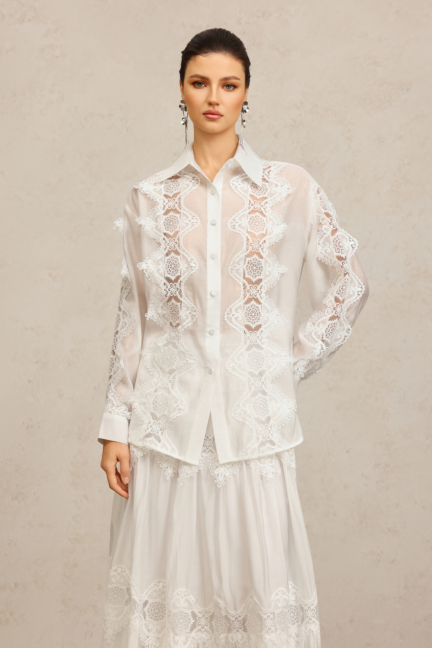 Kater Lapel Long Sleeves Lace Flowers Top And Skirt Two-Piece Set