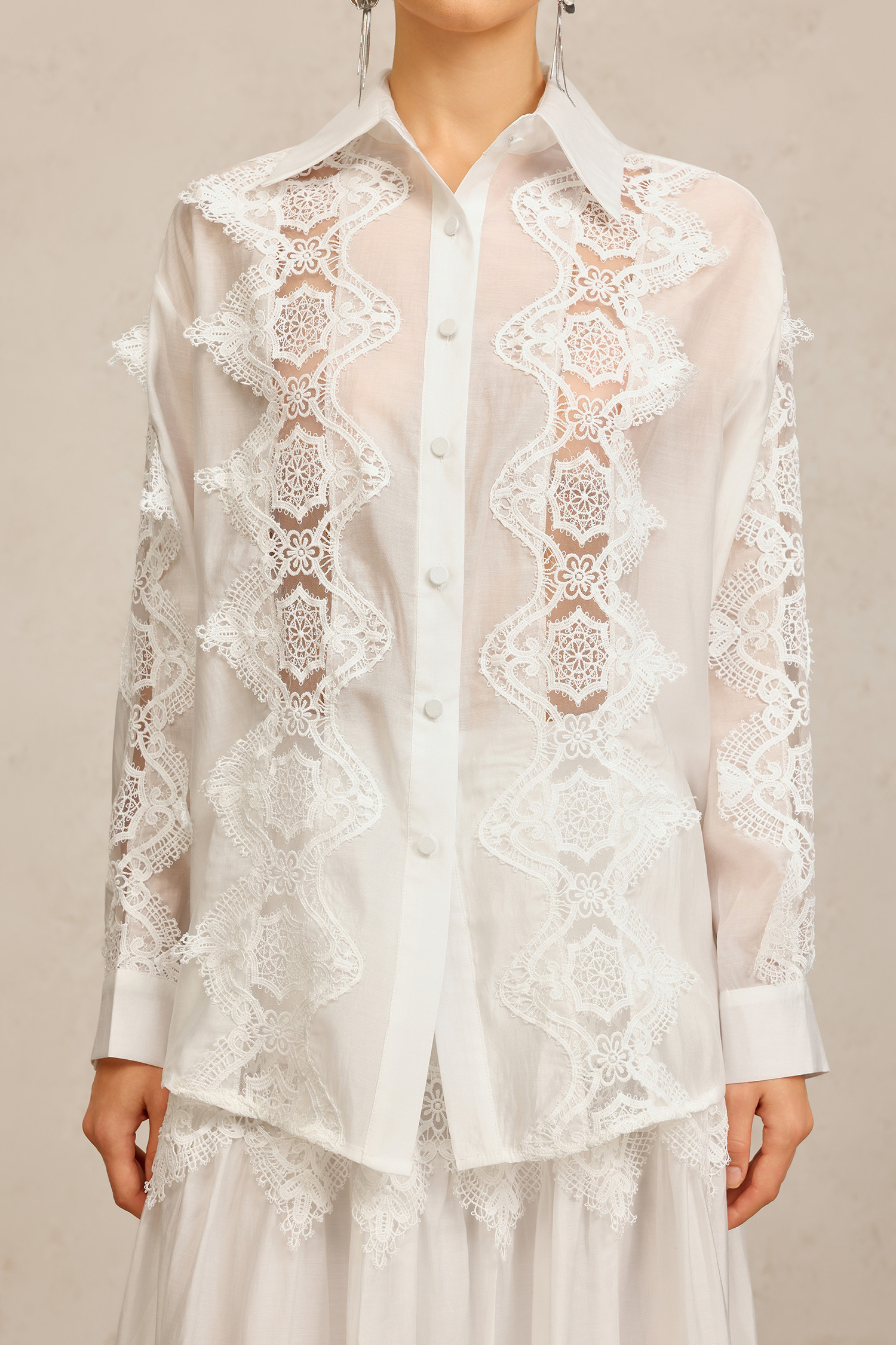 Kater Lapel Long Sleeves Lace Flowers Top And Skirt Two-Piece Set