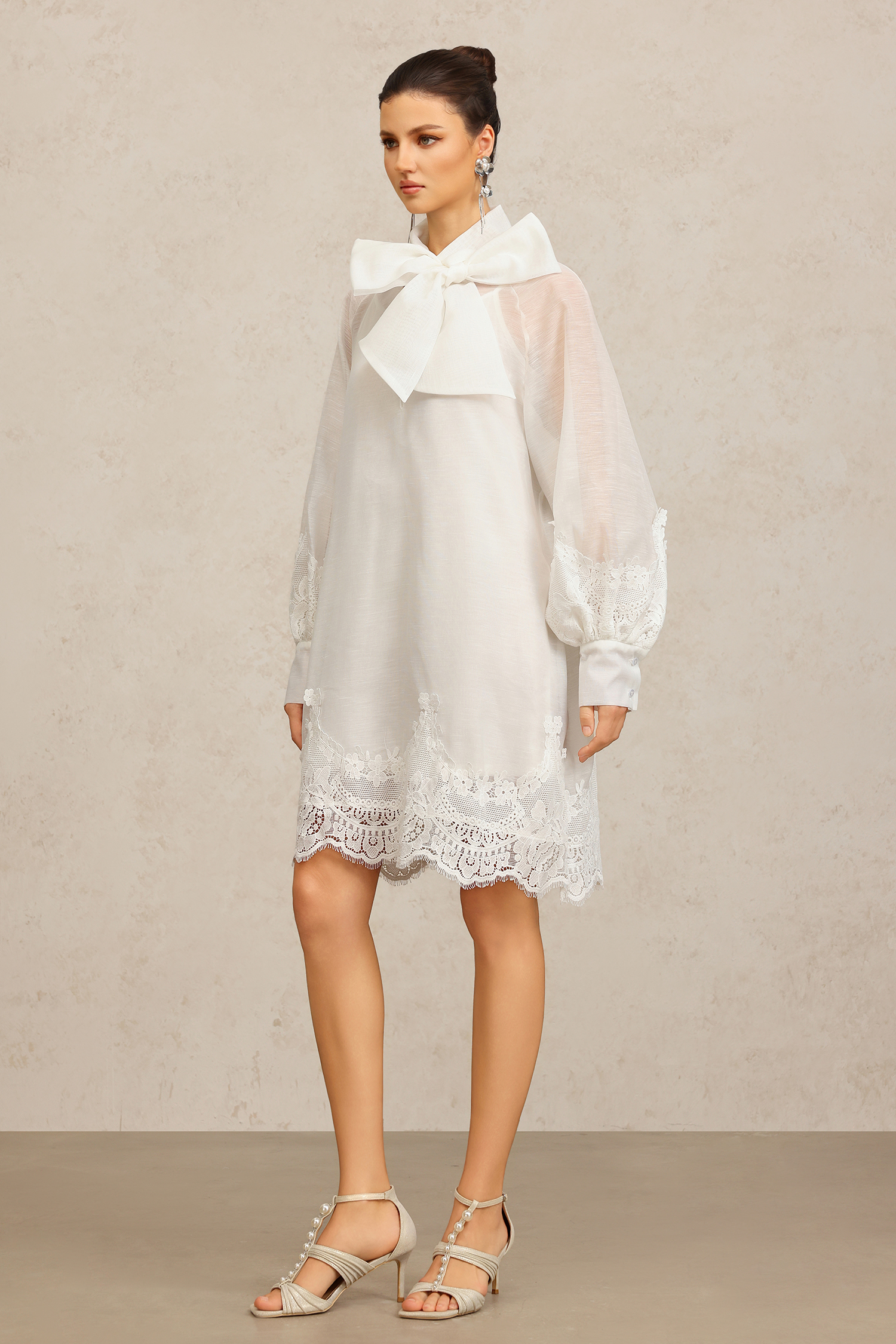 Sareka V-Neck Long Sleeves Lace Flowers Streamer Bowknot Mini Dress