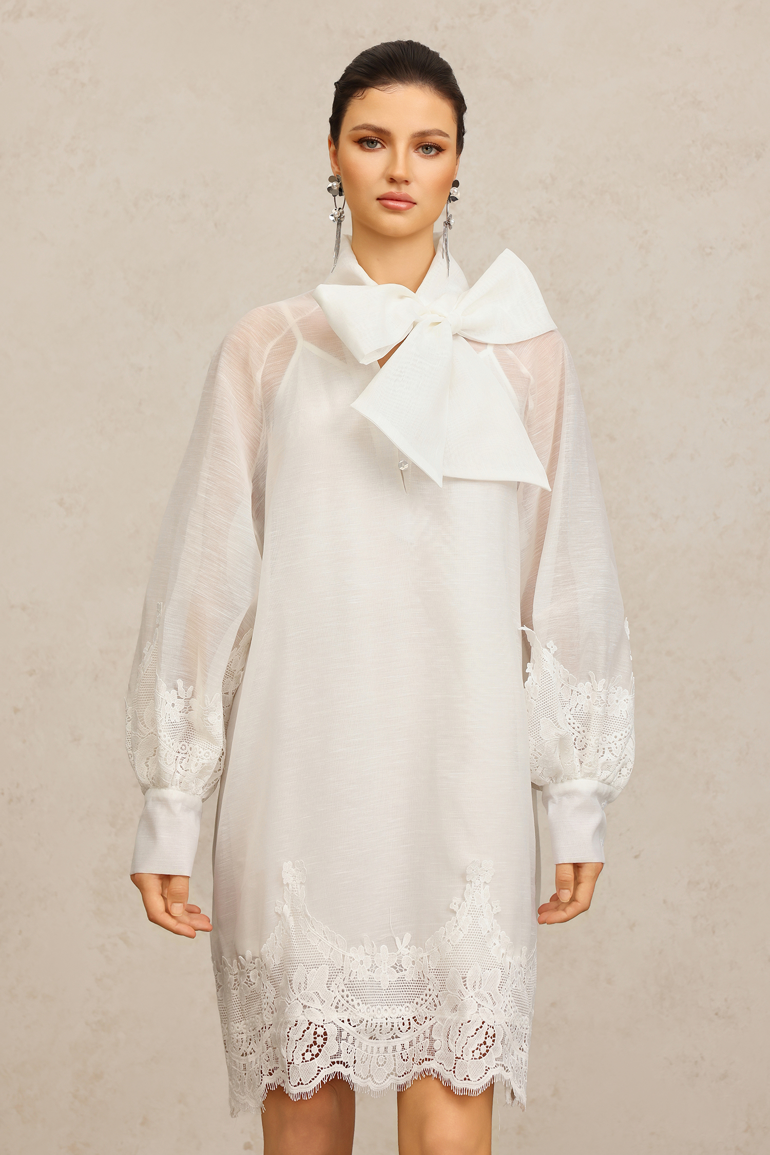 Sareka V-Neck Long Sleeves Lace Flowers Streamer Bowknot Mini Dress