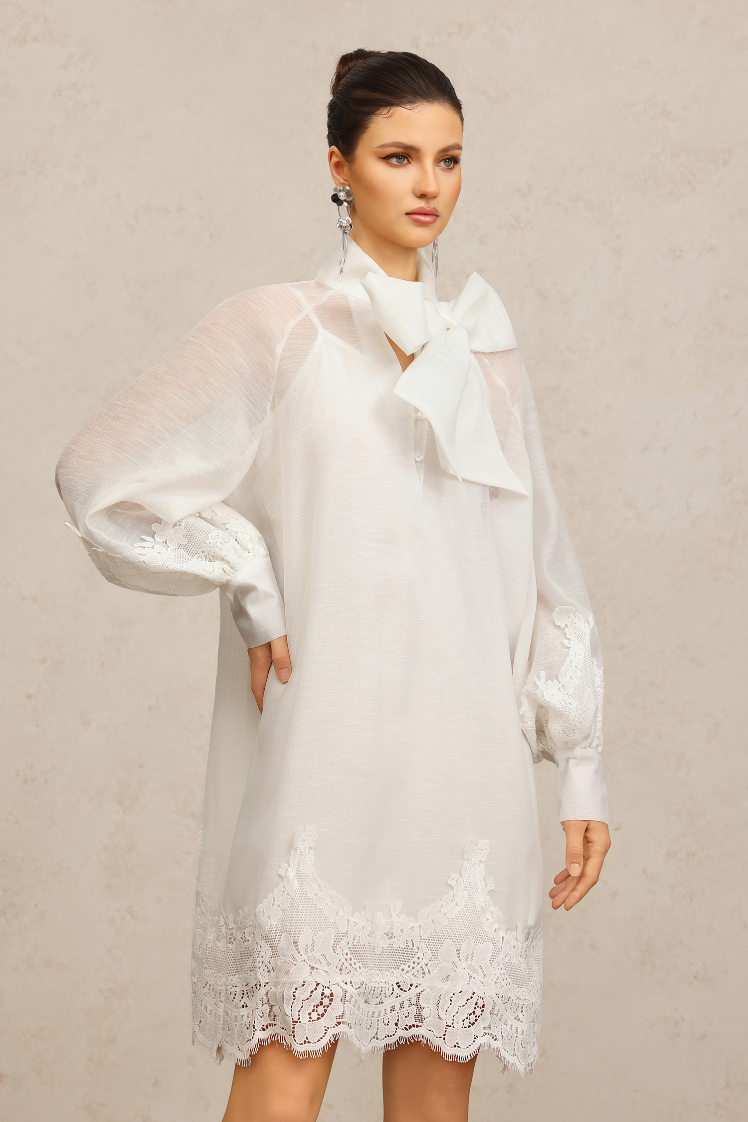 Sareka V-Neck Long Sleeves Lace Flowers Streamer Bowknot Mini Dress