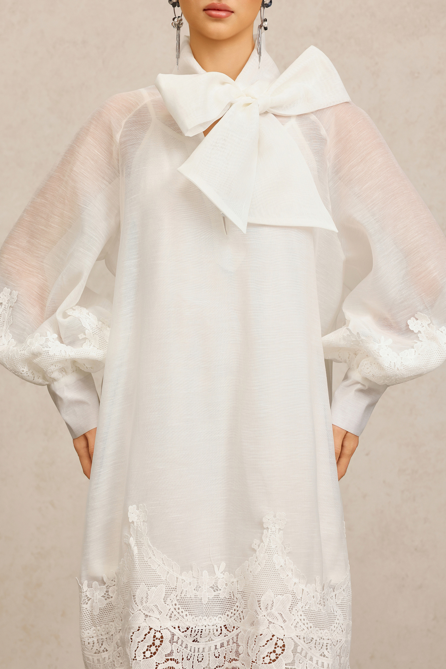 Sareka V-Neck Long Sleeves Lace Flowers Streamer Bowknot Mini Dress