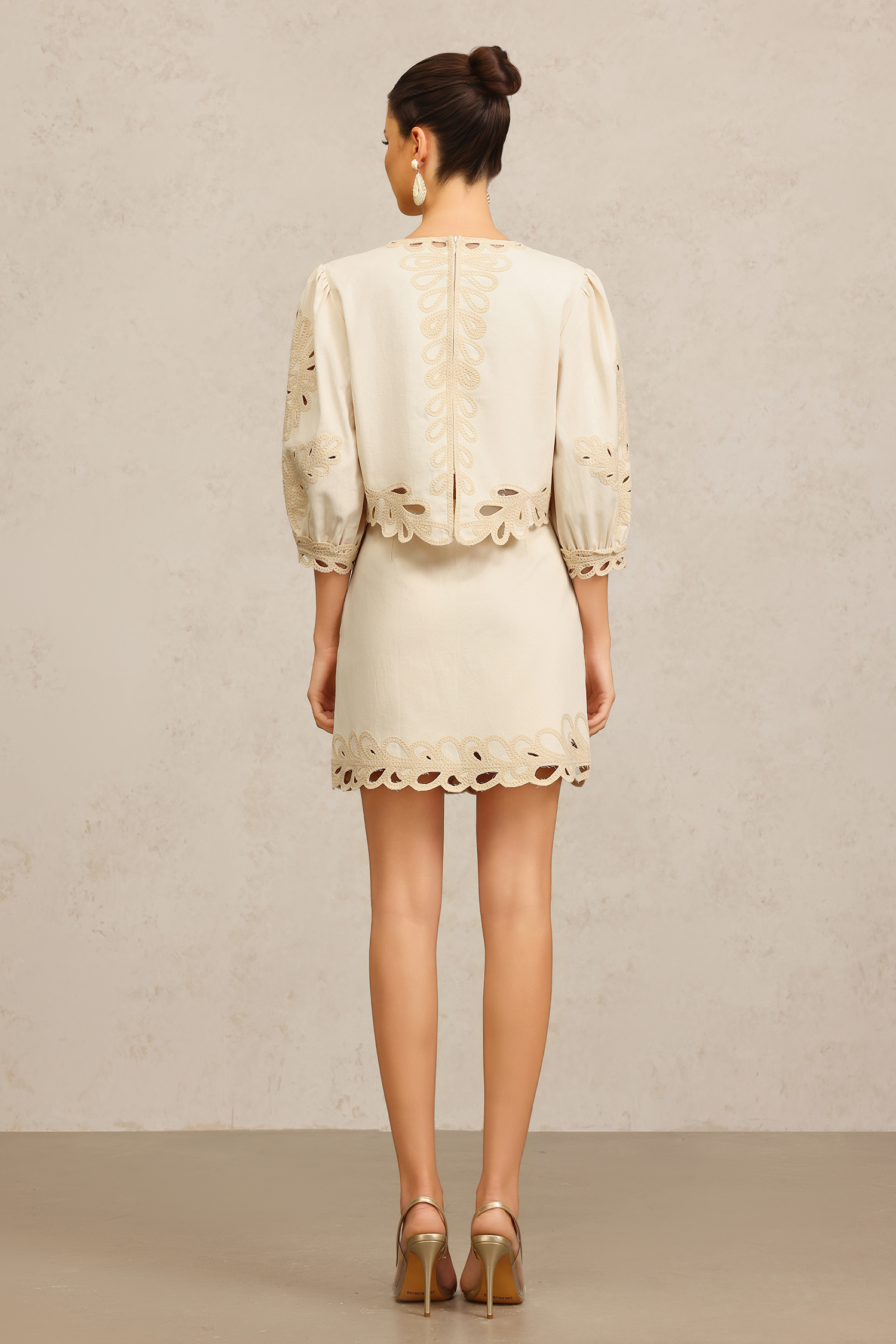 Fawn Round Neck Elbow Sleeves Embroidery Top And Skirt Two-Piece Set