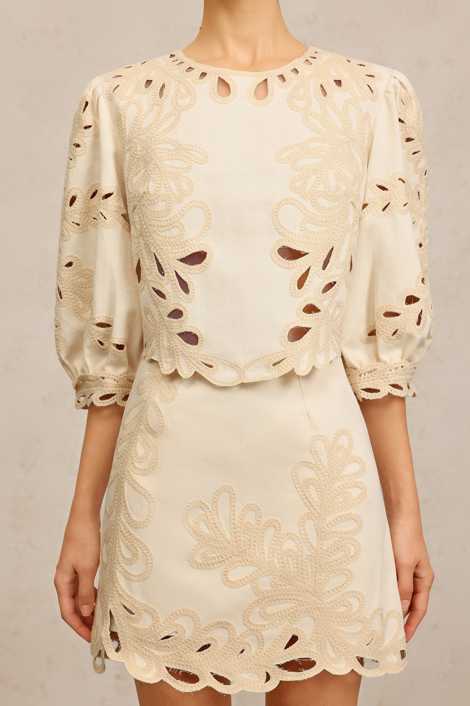 Fawn Round Neck Elbow Sleeves Embroidery Top And Skirt Two-Piece Set