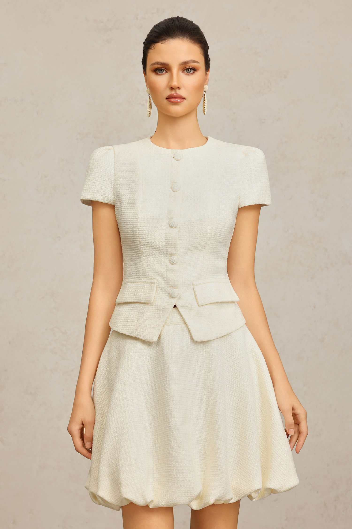 Yuni Round Neck Short Sleeves Top And Bud Skirt Two-Piece Set