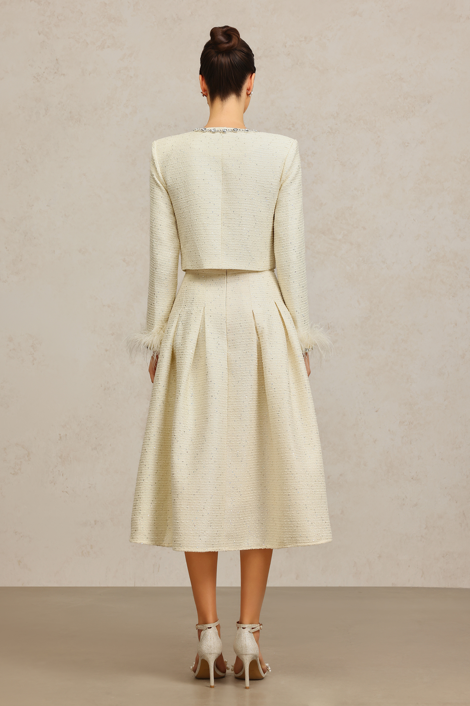 Werko Round Neck Long Sleeves Diamond Artificial Feather Top And Skirt Two-Piece Set