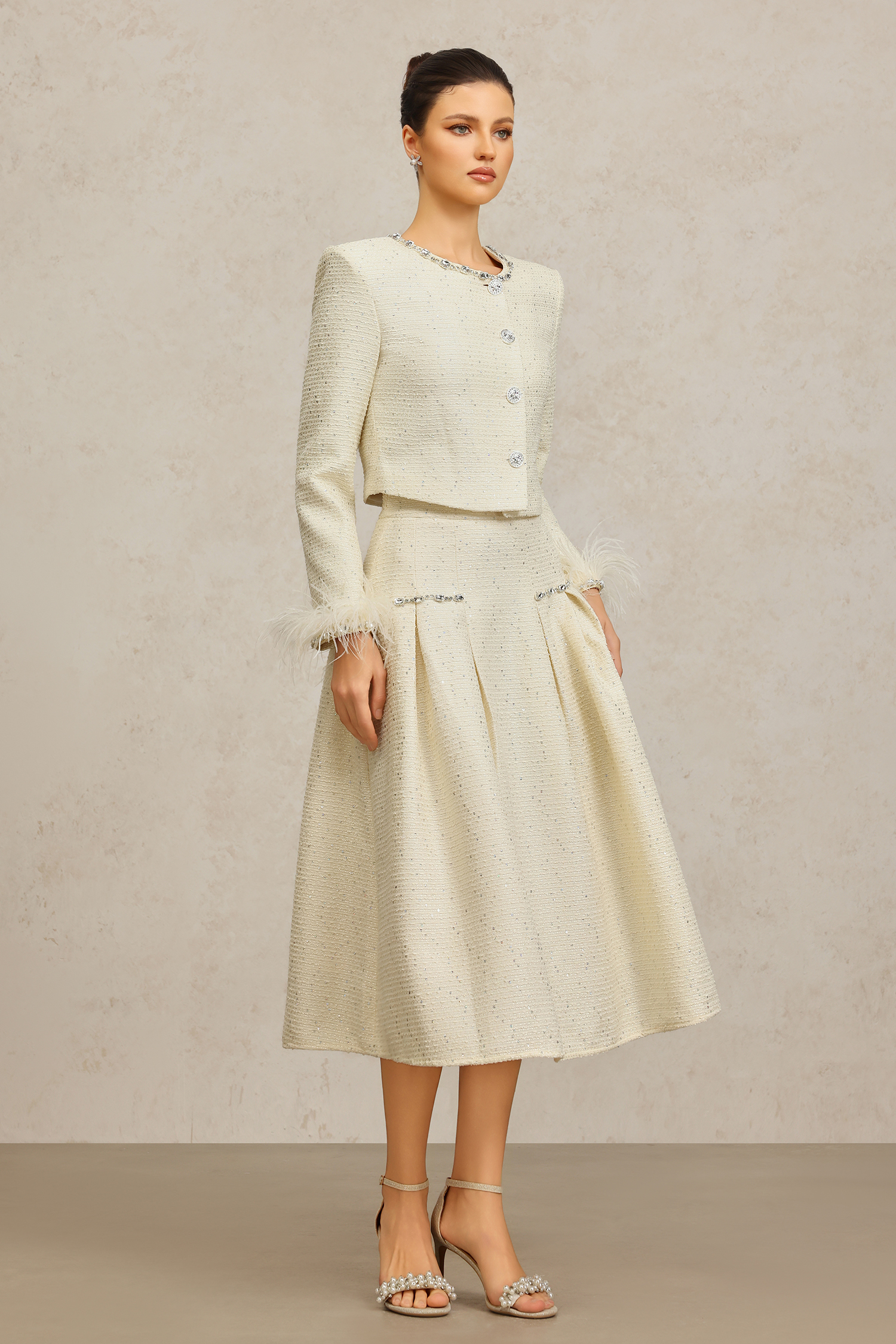 Werko Round Neck Long Sleeves Diamond Artificial Feather Top And Skirt Two-Piece Set