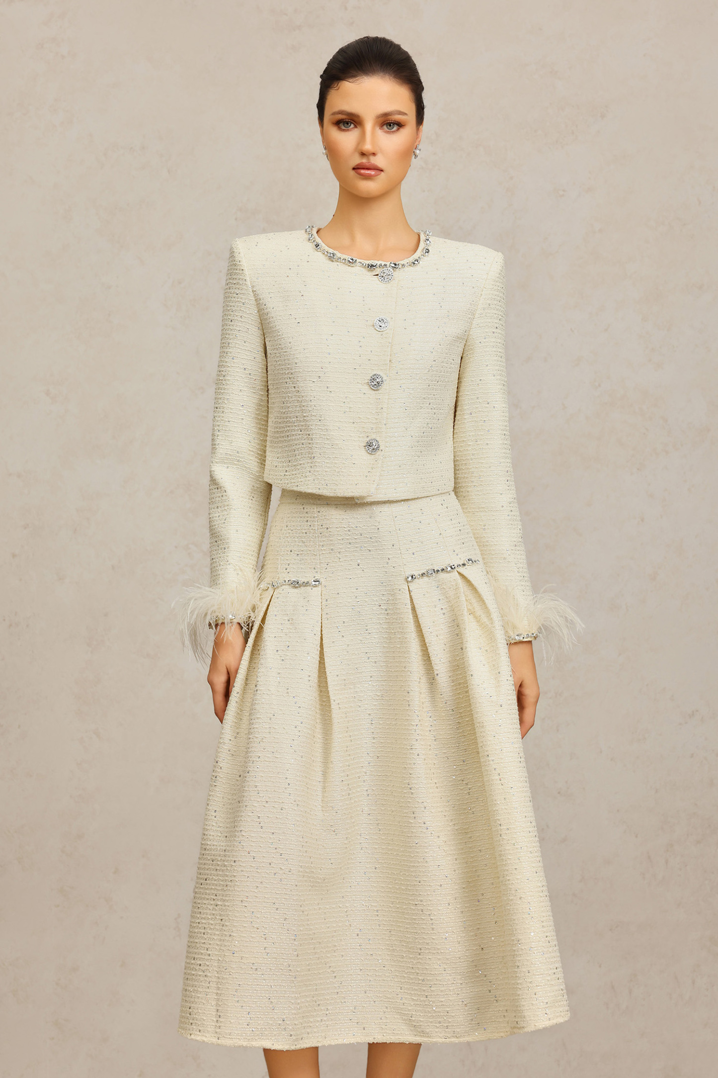 Werko Round Neck Long Sleeves Diamond Artificial Feather Top And Skirt Two-Piece Set