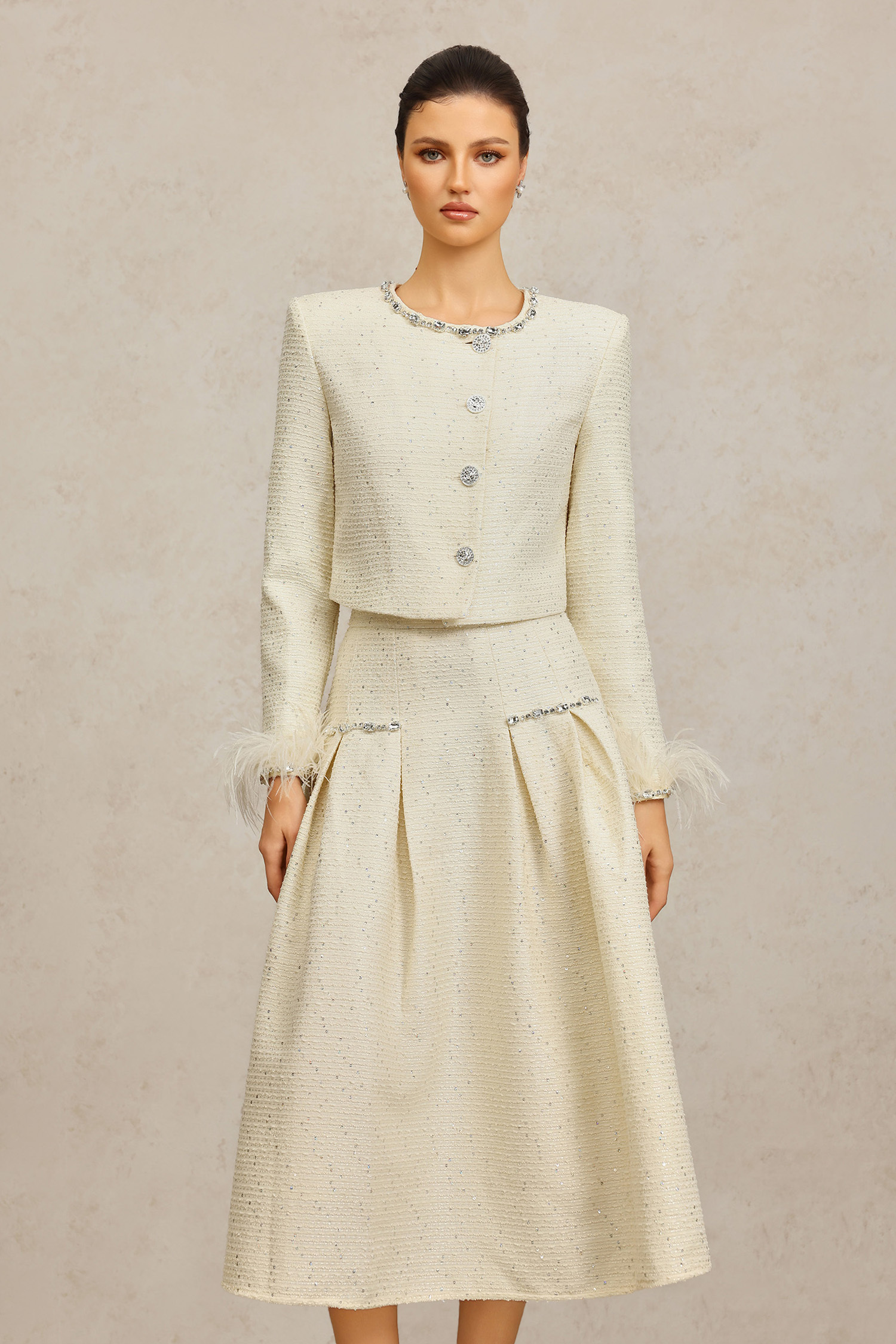 Werko Round Neck Long Sleeves Diamond Artificial Feather Top And Skirt Two-Piece Set