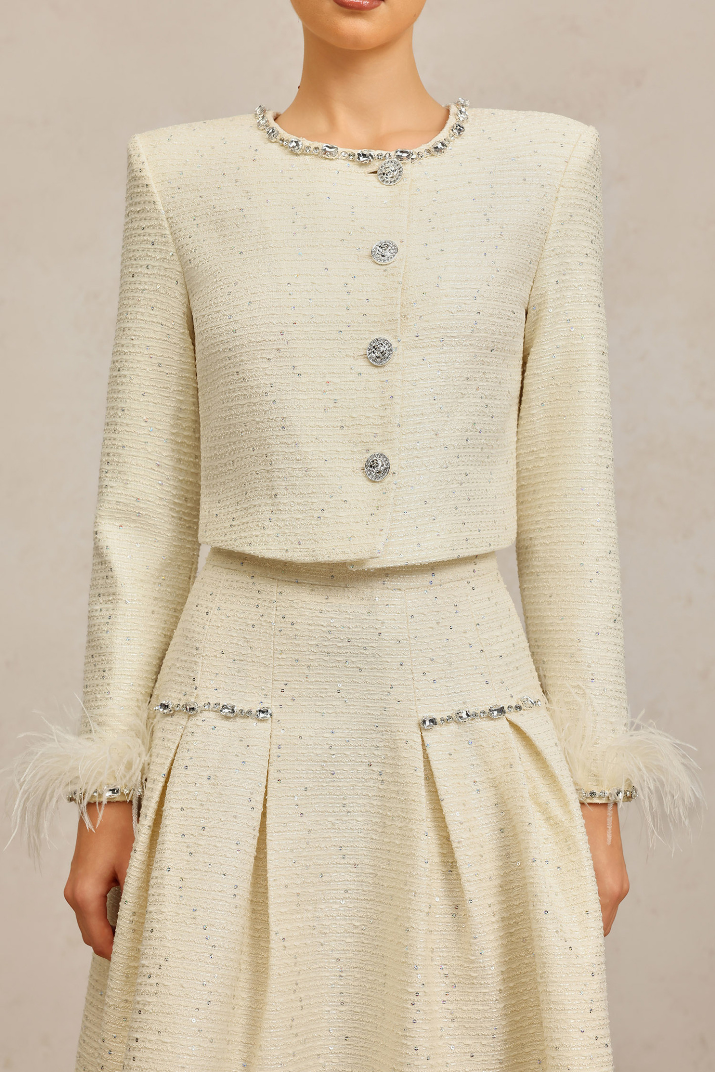 Werko Round Neck Long Sleeves Diamond Artificial Feather Top And Skirt Two-Piece Set