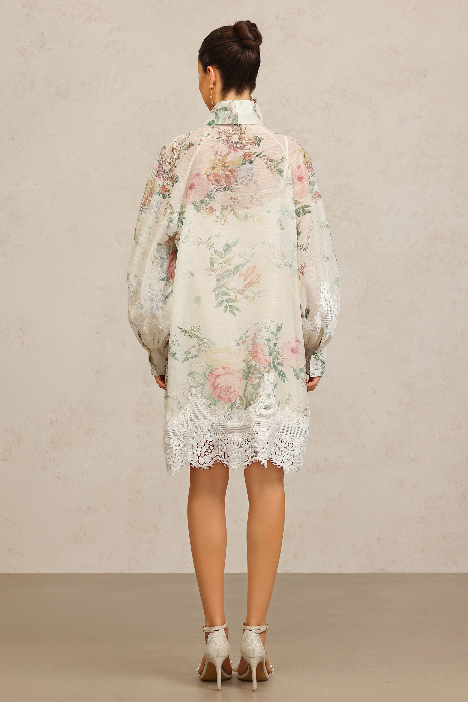 Sareka V-Neck Long Sleeves Lace Flowers Streamer Bowknot Floral Printed Mini Dress