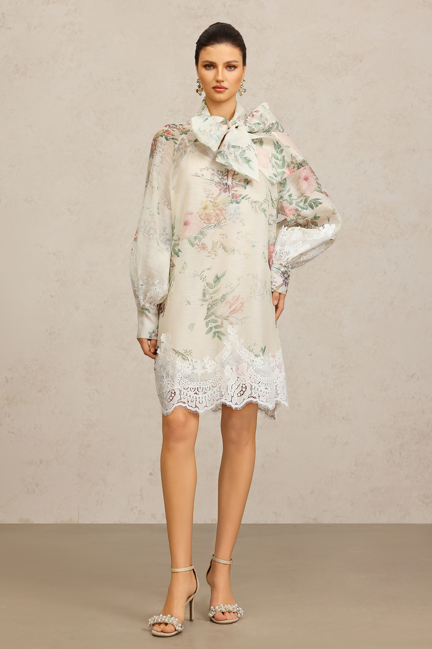 Sareka V-Neck Long Sleeves Lace Flowers Streamer Bowknot Floral Printed Mini Dress