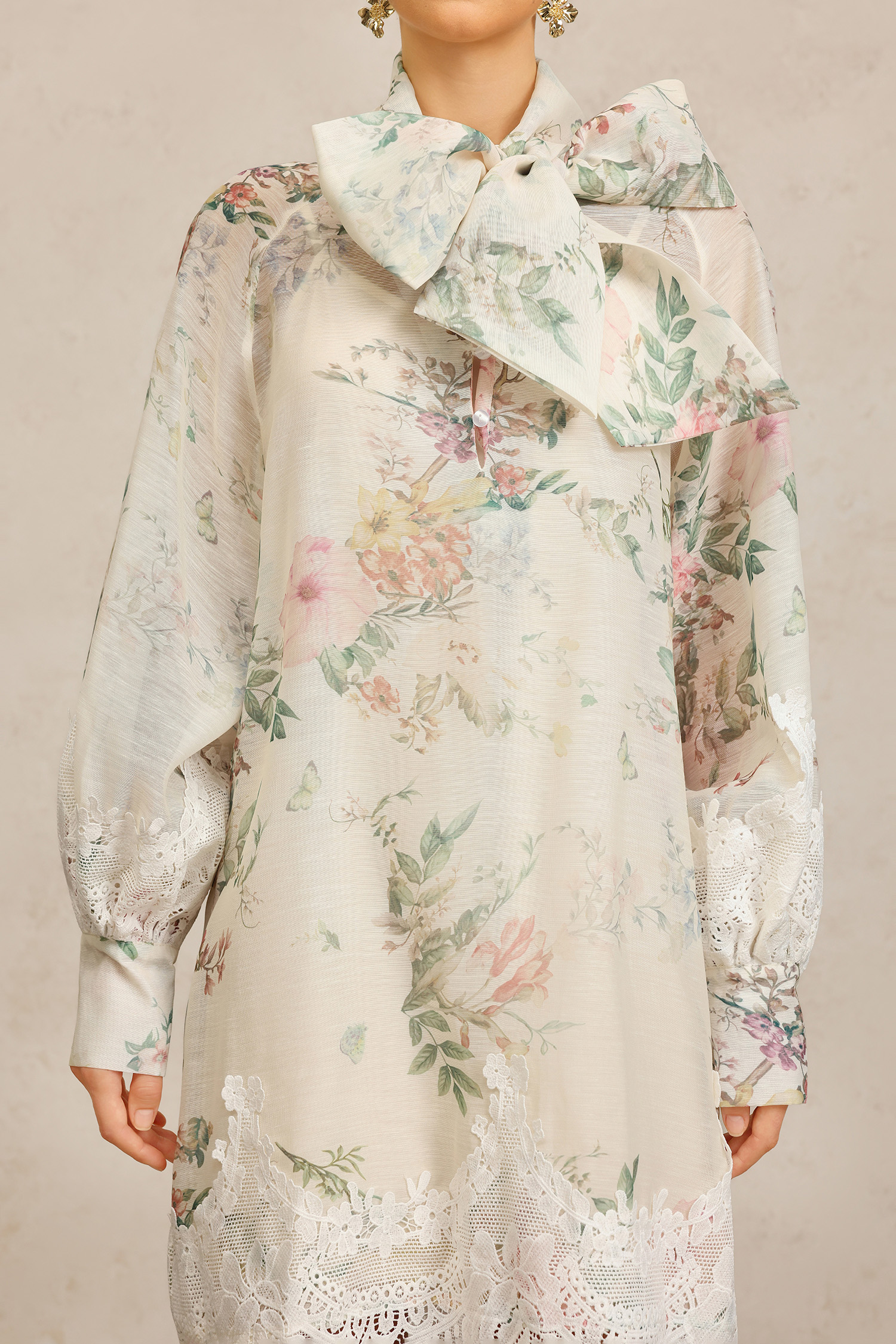 Sareka V-Neck Long Sleeves Lace Flowers Streamer Bowknot Floral Printed Mini Dress