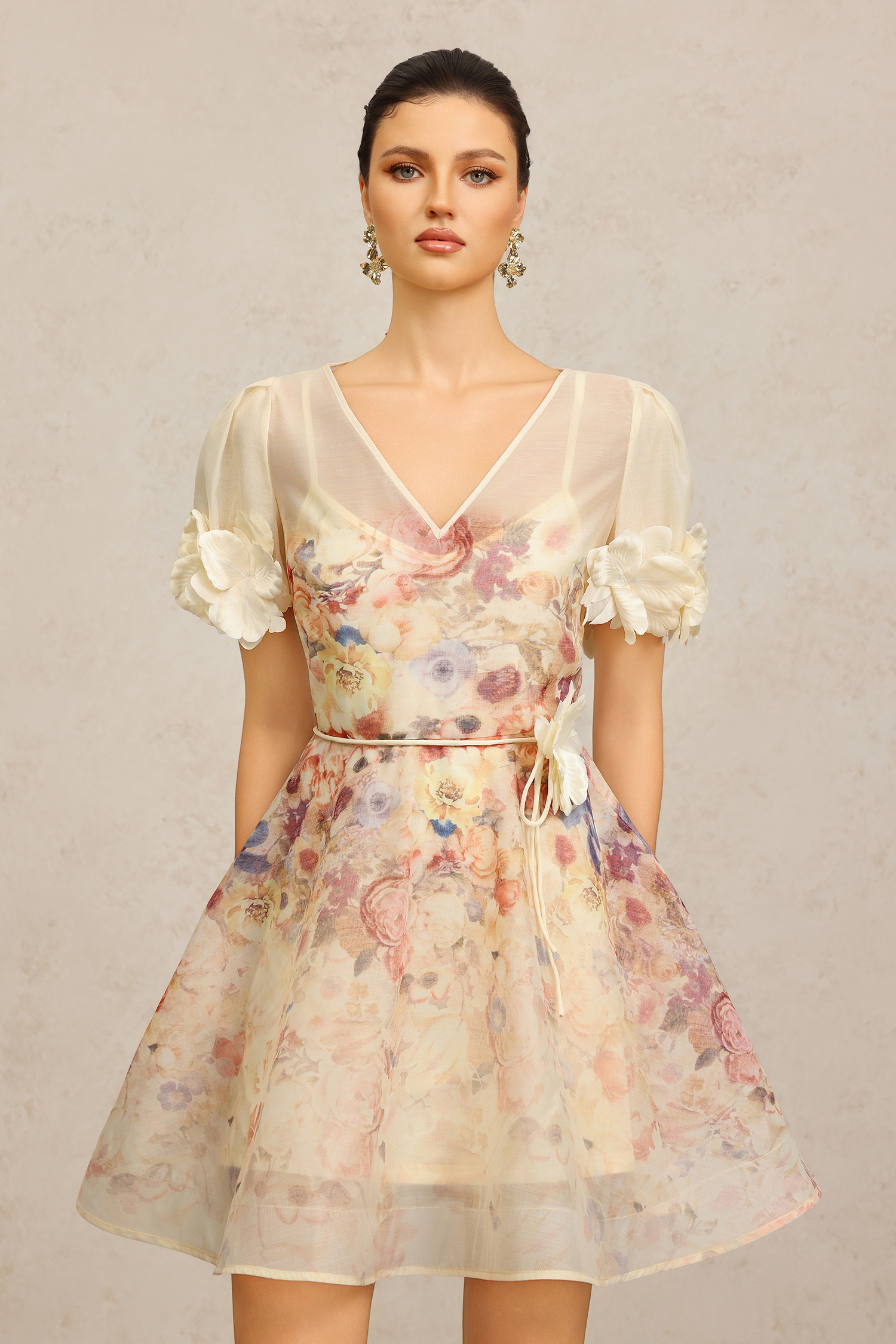 Xezey V-Neck Short Sleeves Flowers Printed Mini Dress