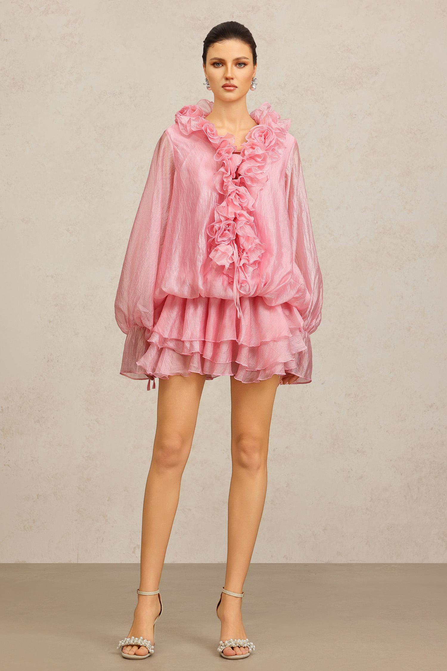 Fallon Long Sleeves Floral Flowers Pink Mini Dress