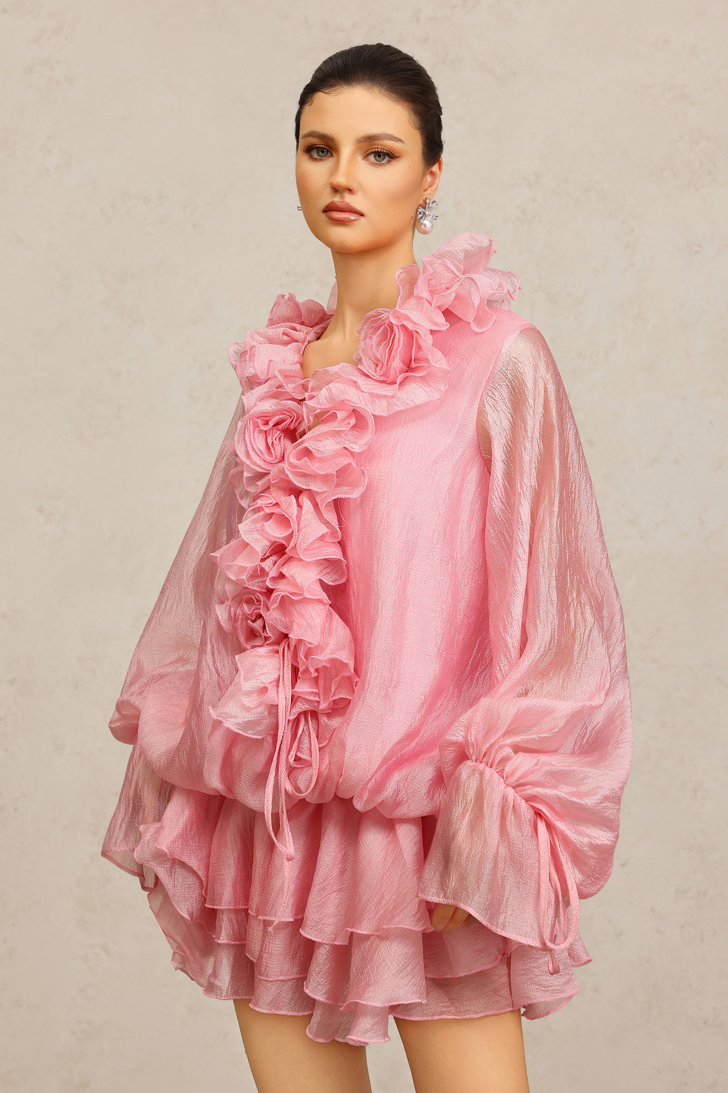 Fallon Long Sleeves Floral Flowers Pink Mini Dress