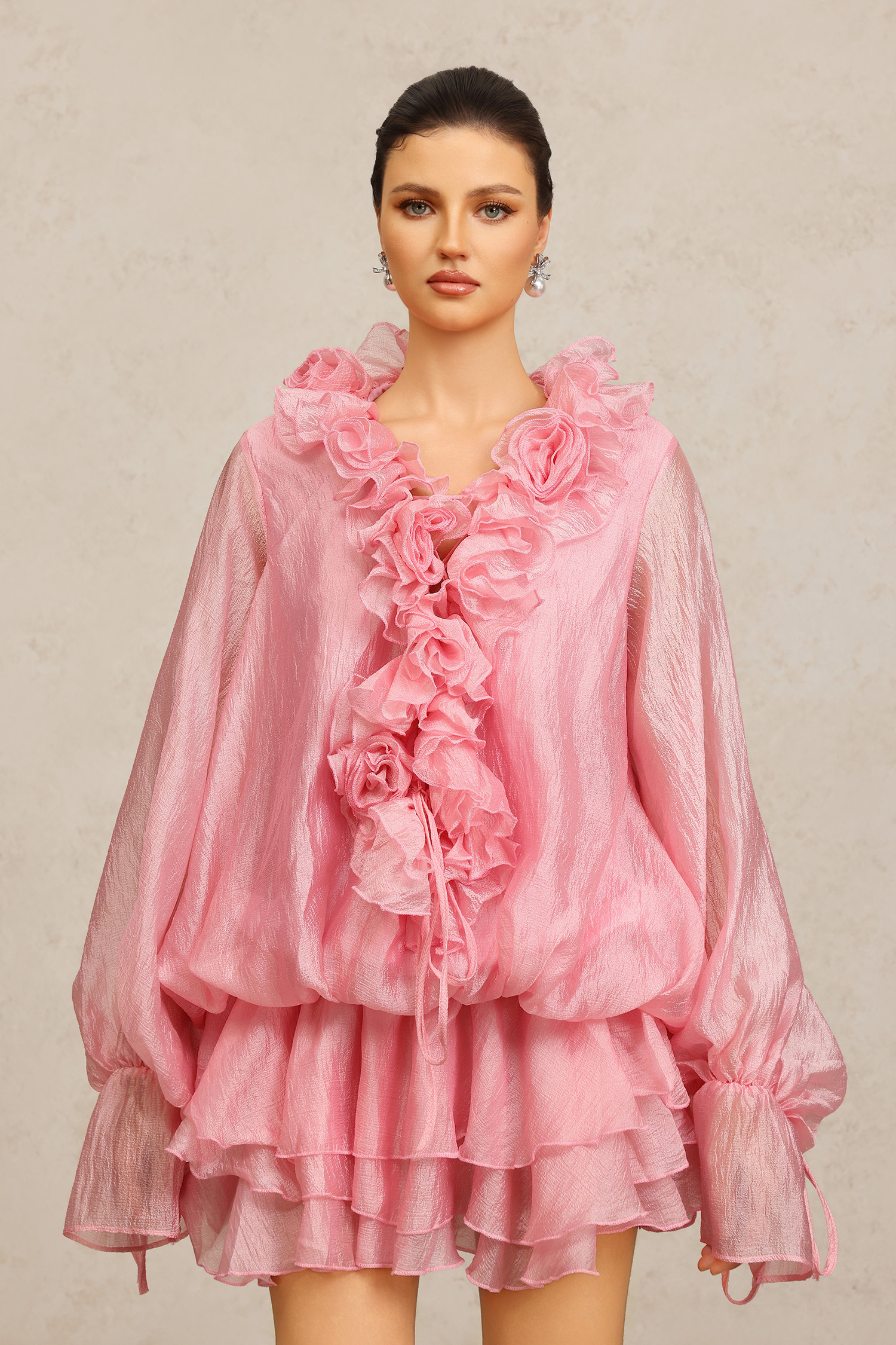 Fallon Long Sleeves Floral Flowers Pink Mini Dress