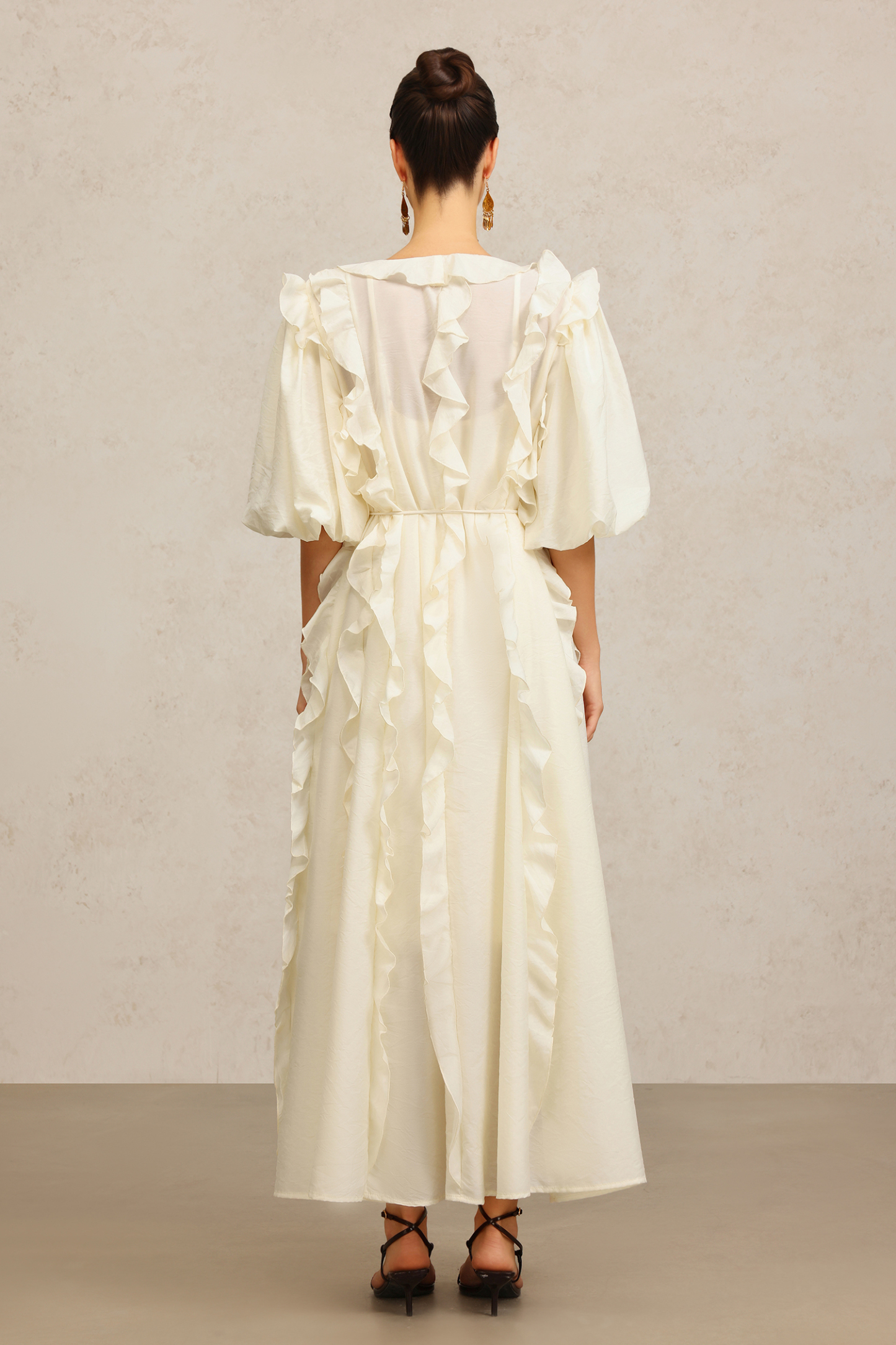 Wika V-Neck Elbow Sleeves Folds Beige Maxi Dress