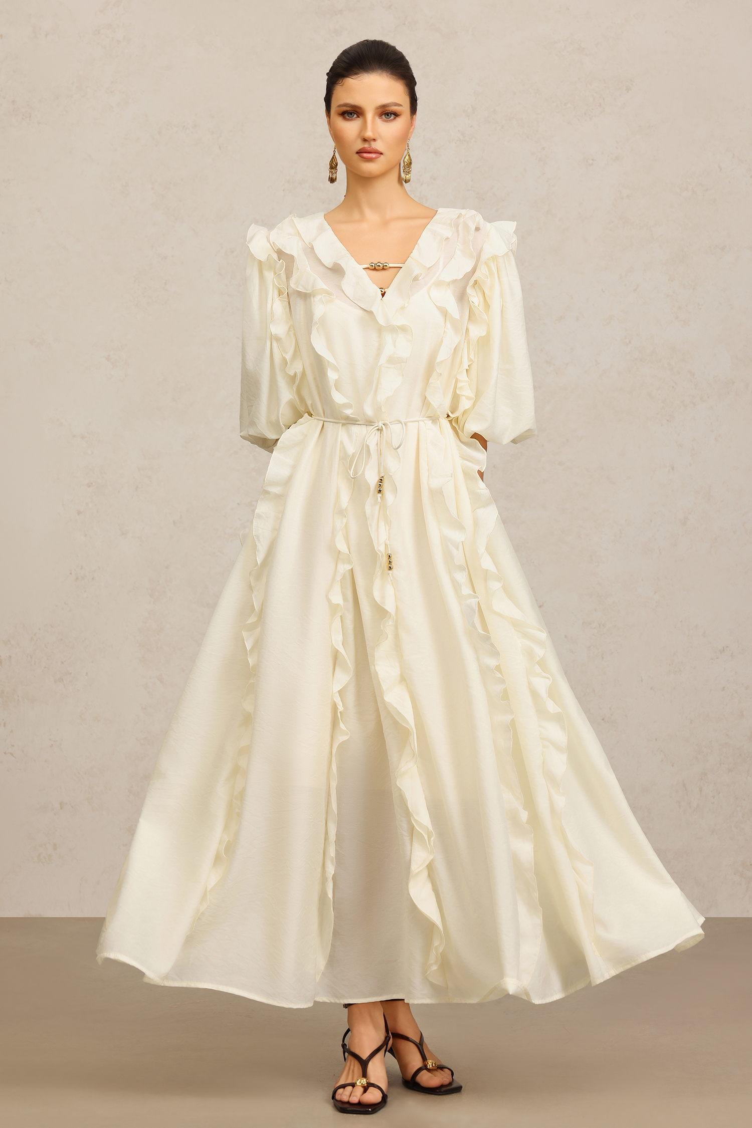 Wika V-Neck Elbow Sleeves Folds Beige Maxi Dress