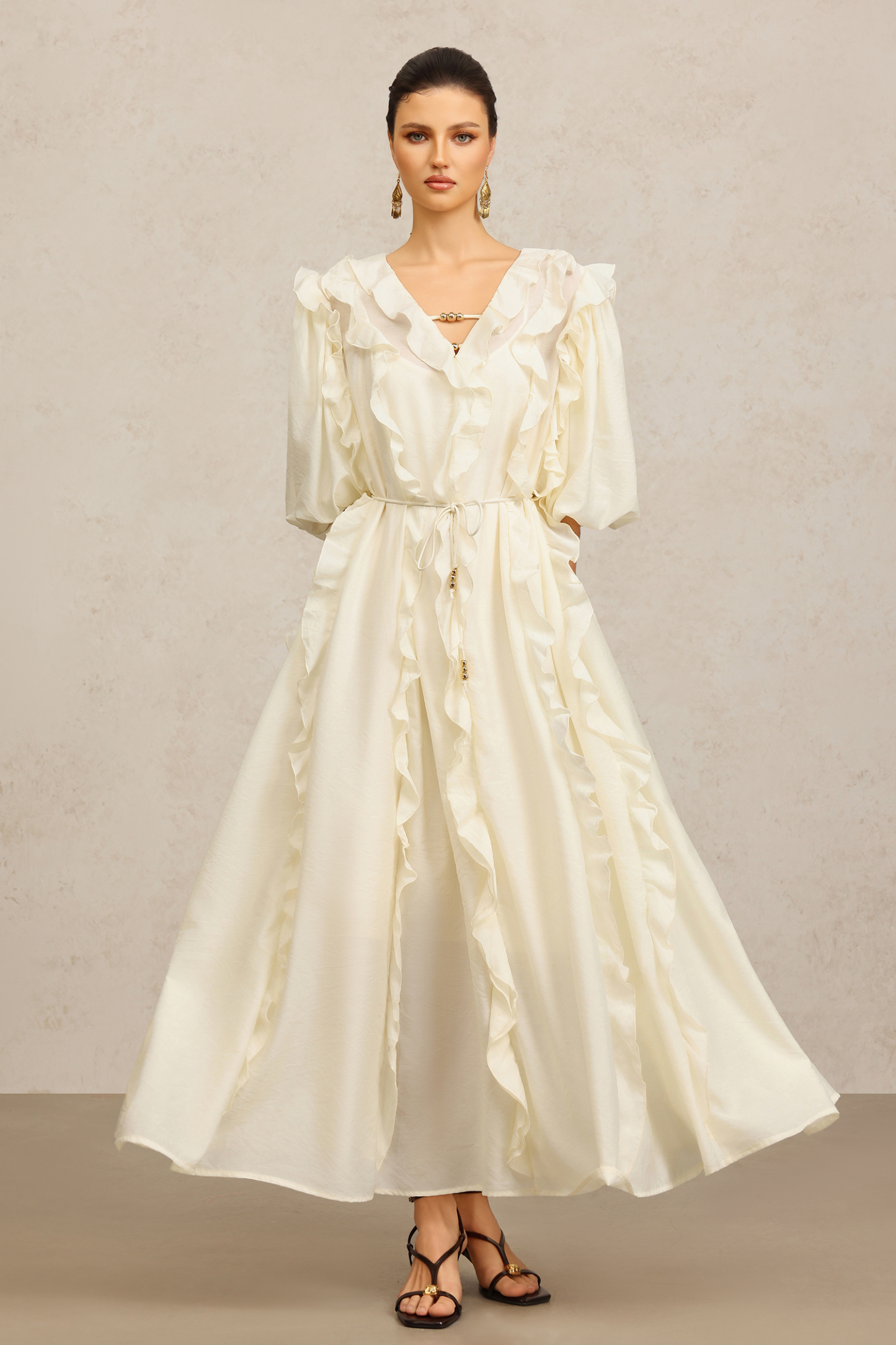 Wika V-Neck Elbow Sleeves Folds Beige Maxi Dress