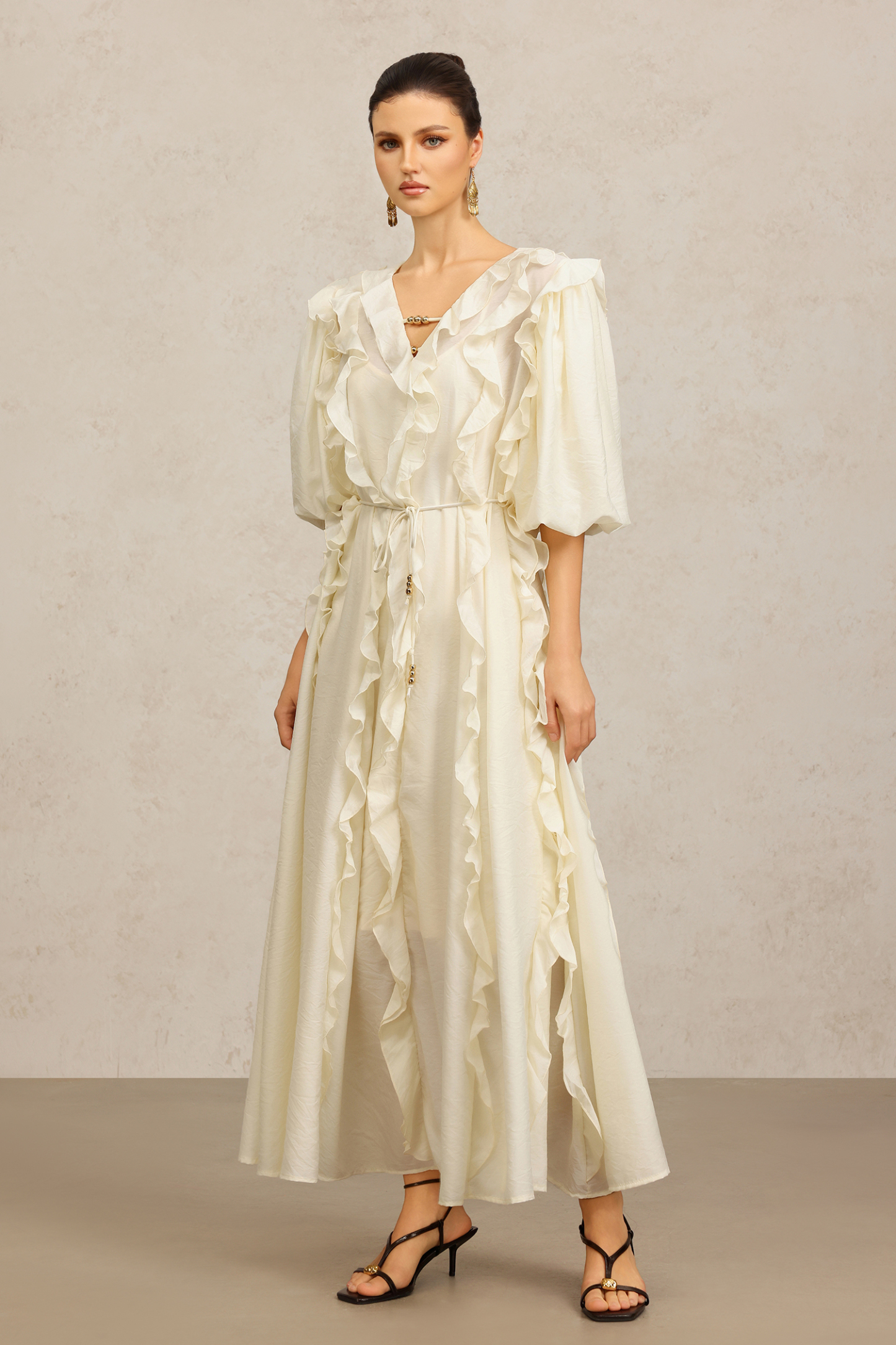 Wika V-Neck Elbow Sleeves Folds Beige Maxi Dress