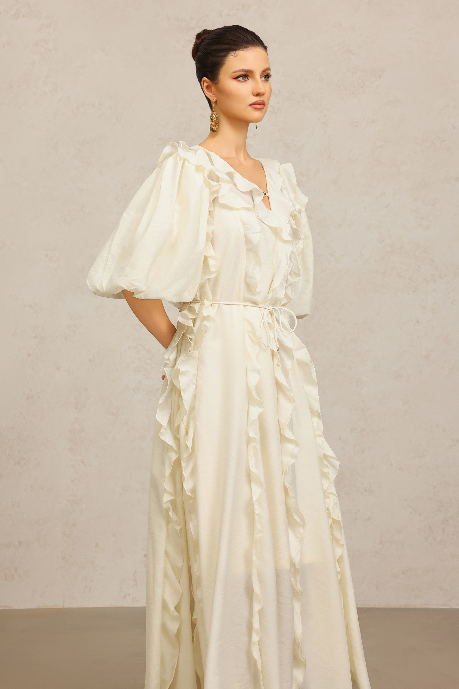 Wika V-Neck Elbow Sleeves Folds Beige Maxi Dress