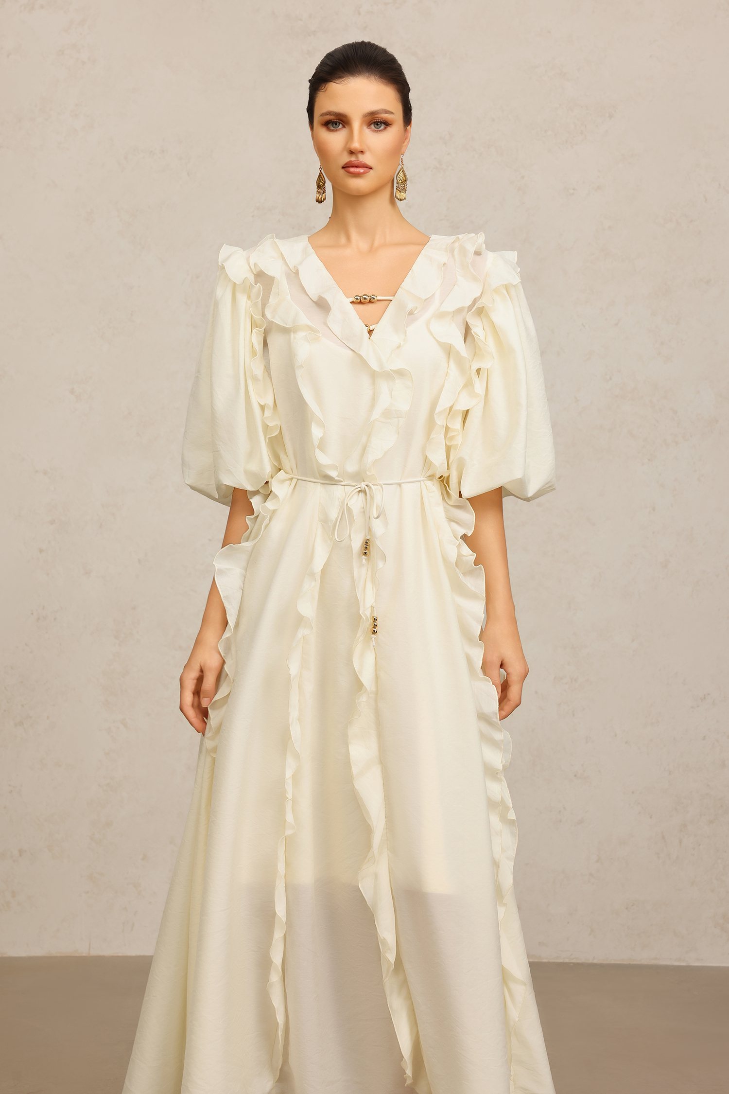 Wika V-Neck Elbow Sleeves Folds Beige Maxi Dress