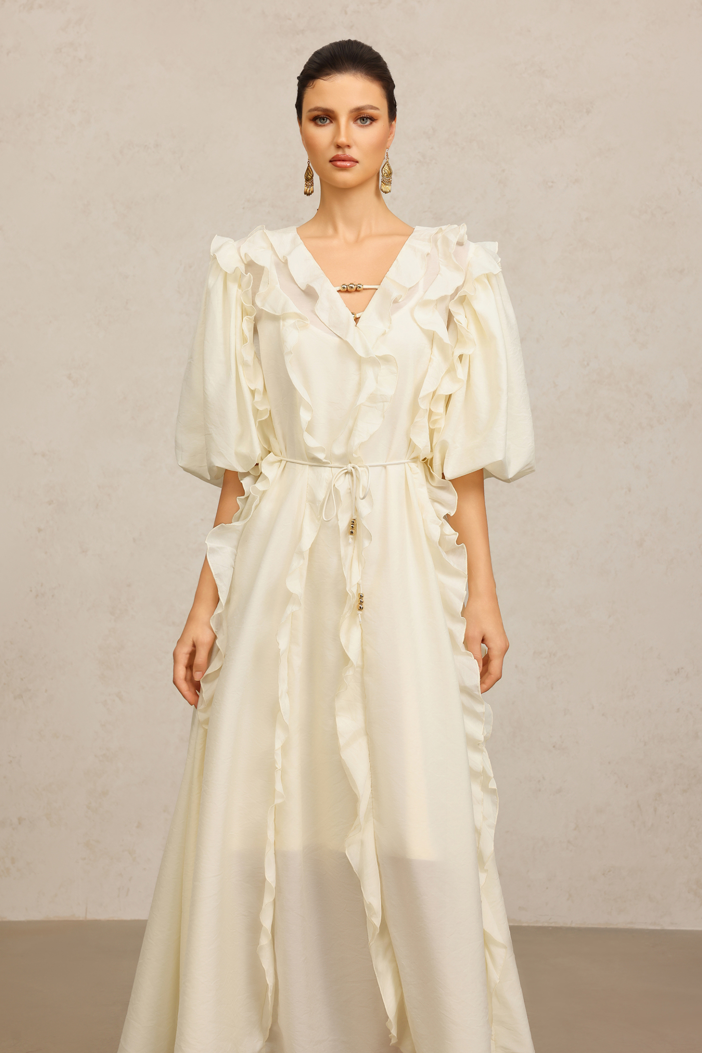 Wika V-Neck Elbow Sleeves Folds Beige Maxi Dress