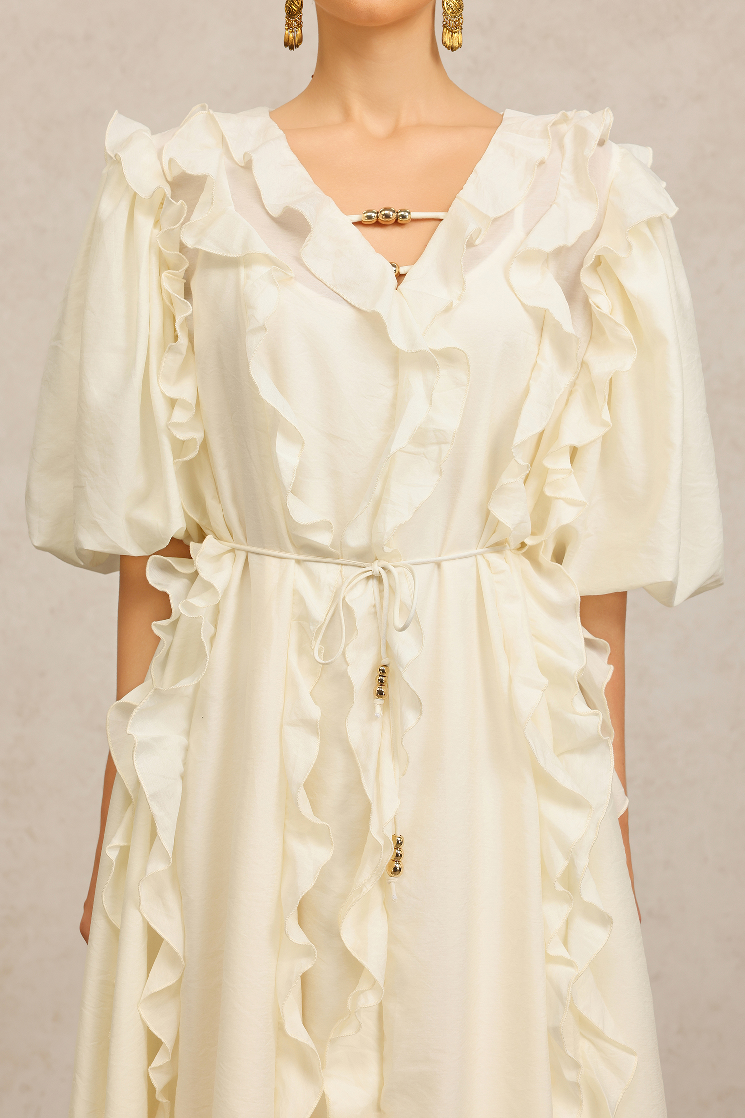 Wika V-Neck Elbow Sleeves Folds Beige Maxi Dress