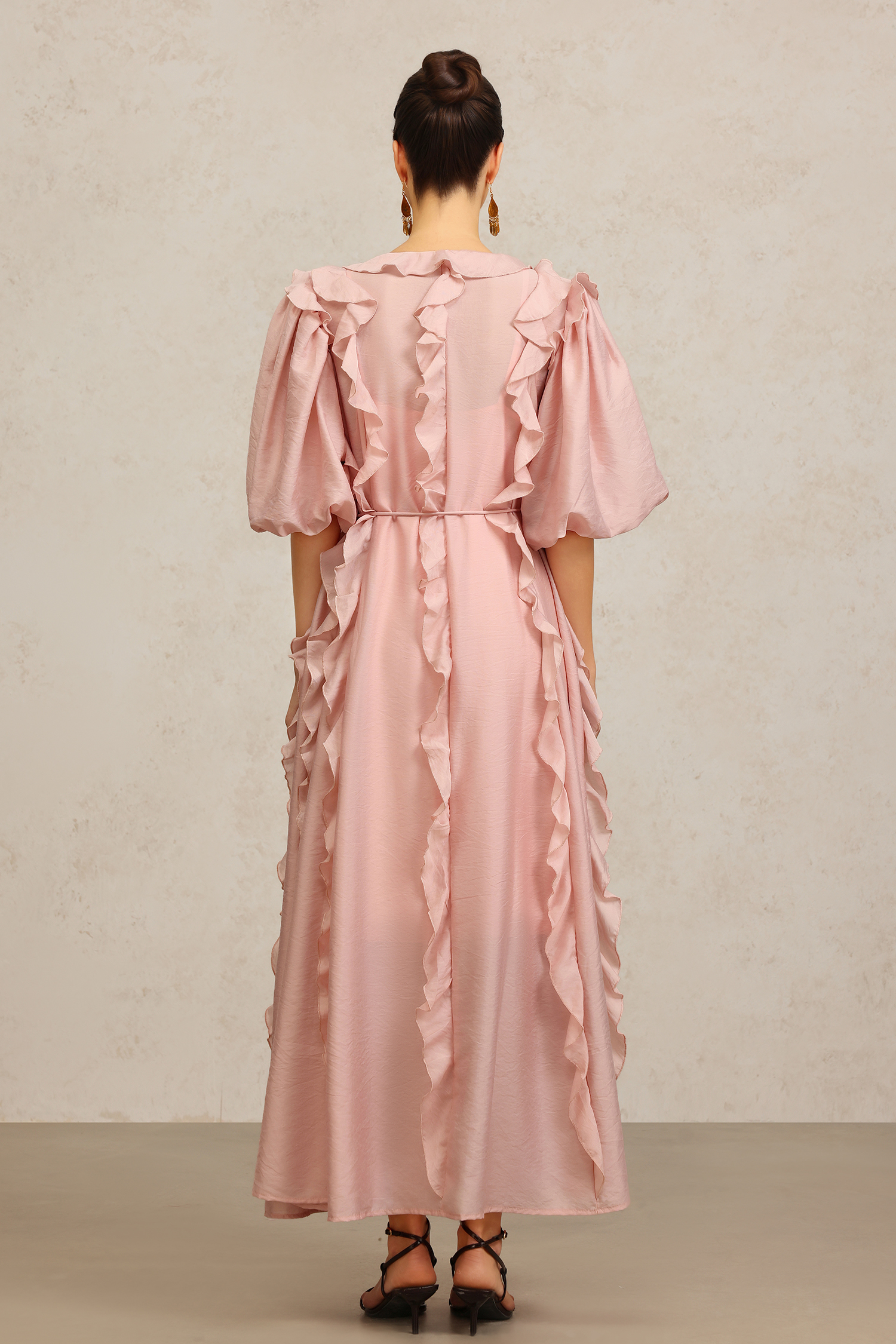 Wika V-Neck Elbow Sleeves Folds Pink Maxi Dress