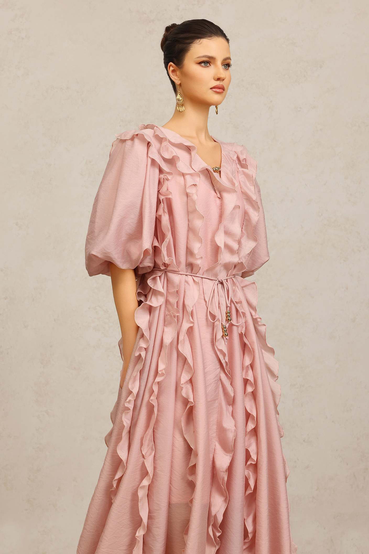 Wika V-Neck Elbow Sleeves Folds Pink Maxi Dress