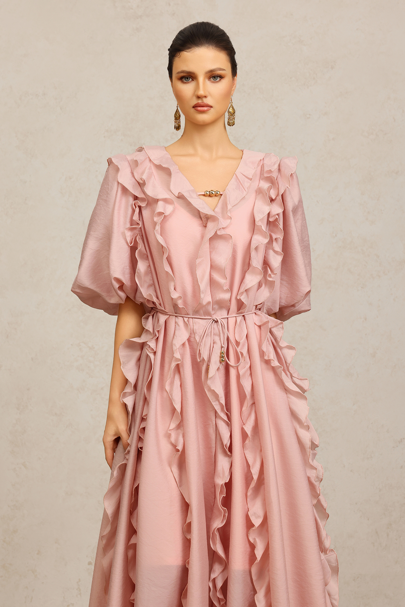 Wika V-Neck Elbow Sleeves Folds Pink Maxi Dress