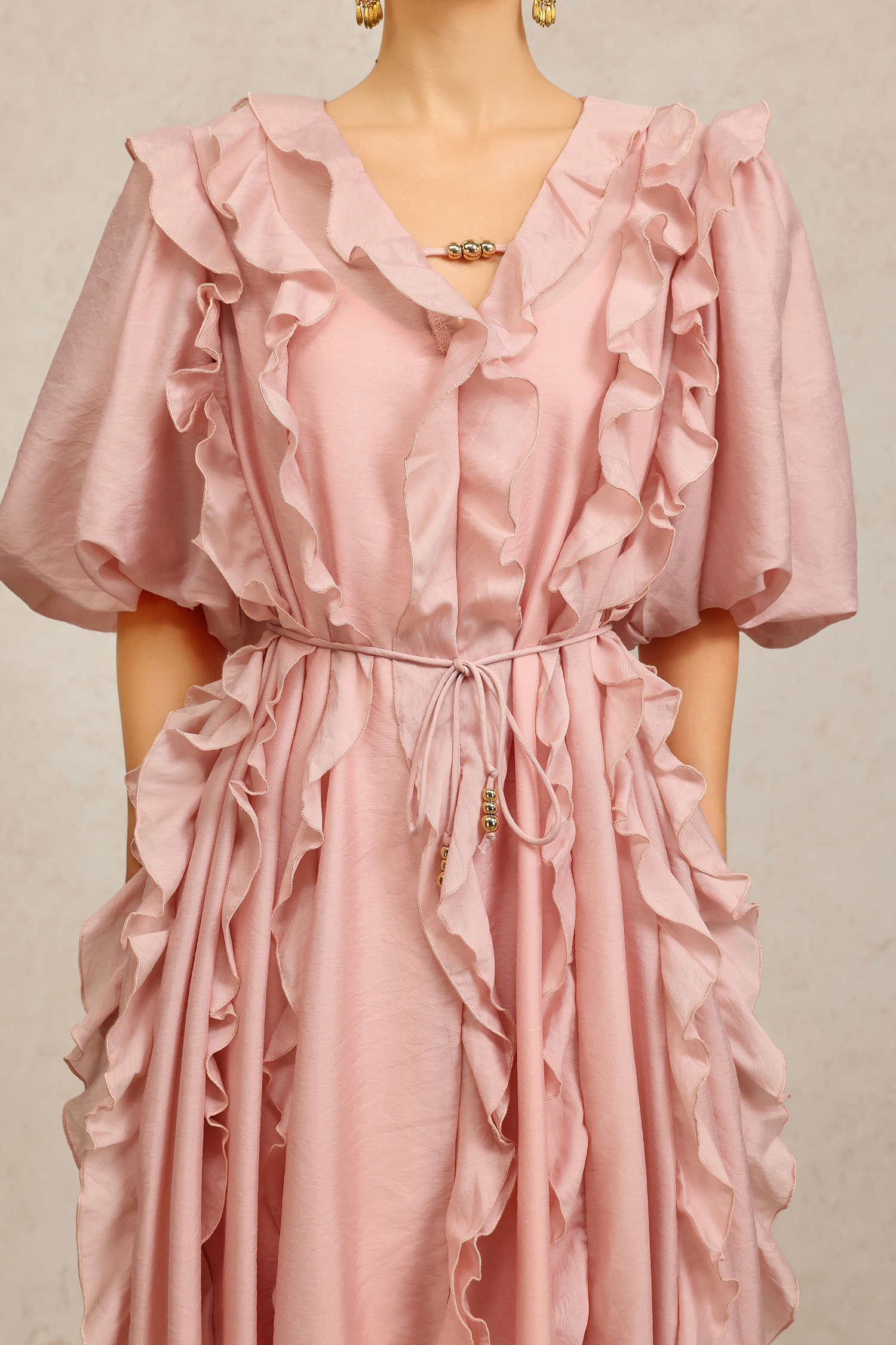 Wika V-Neck Elbow Sleeves Folds Pink Maxi Dress