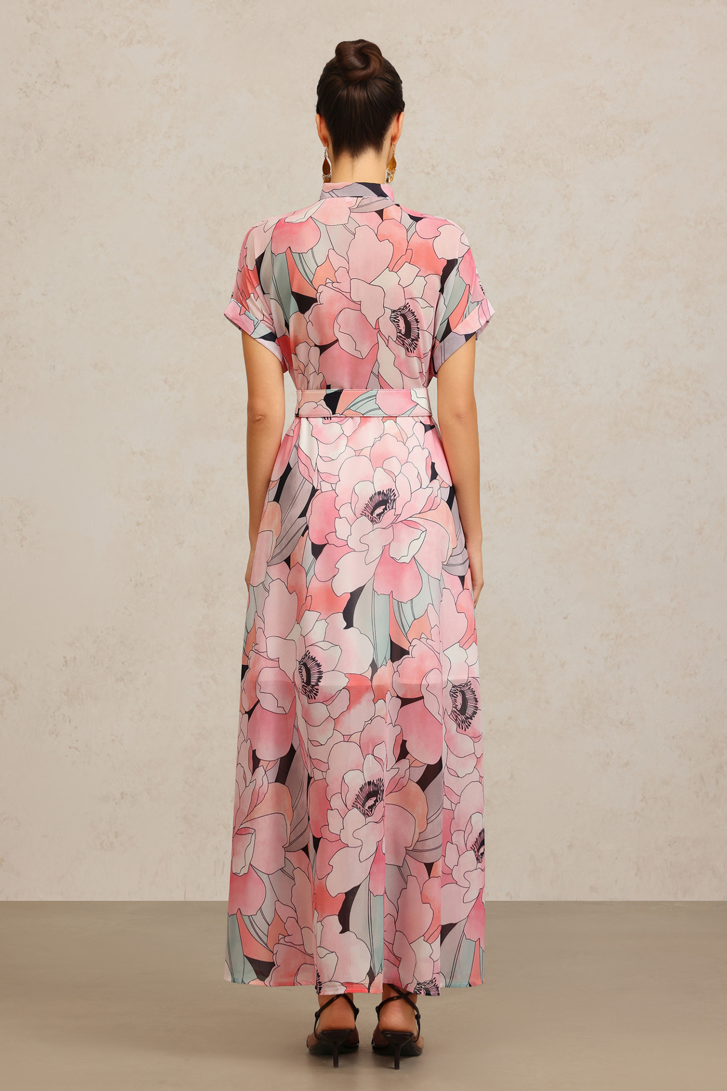 Sinai Short Sleeves Floral Printed Bowknot Maxi Dress