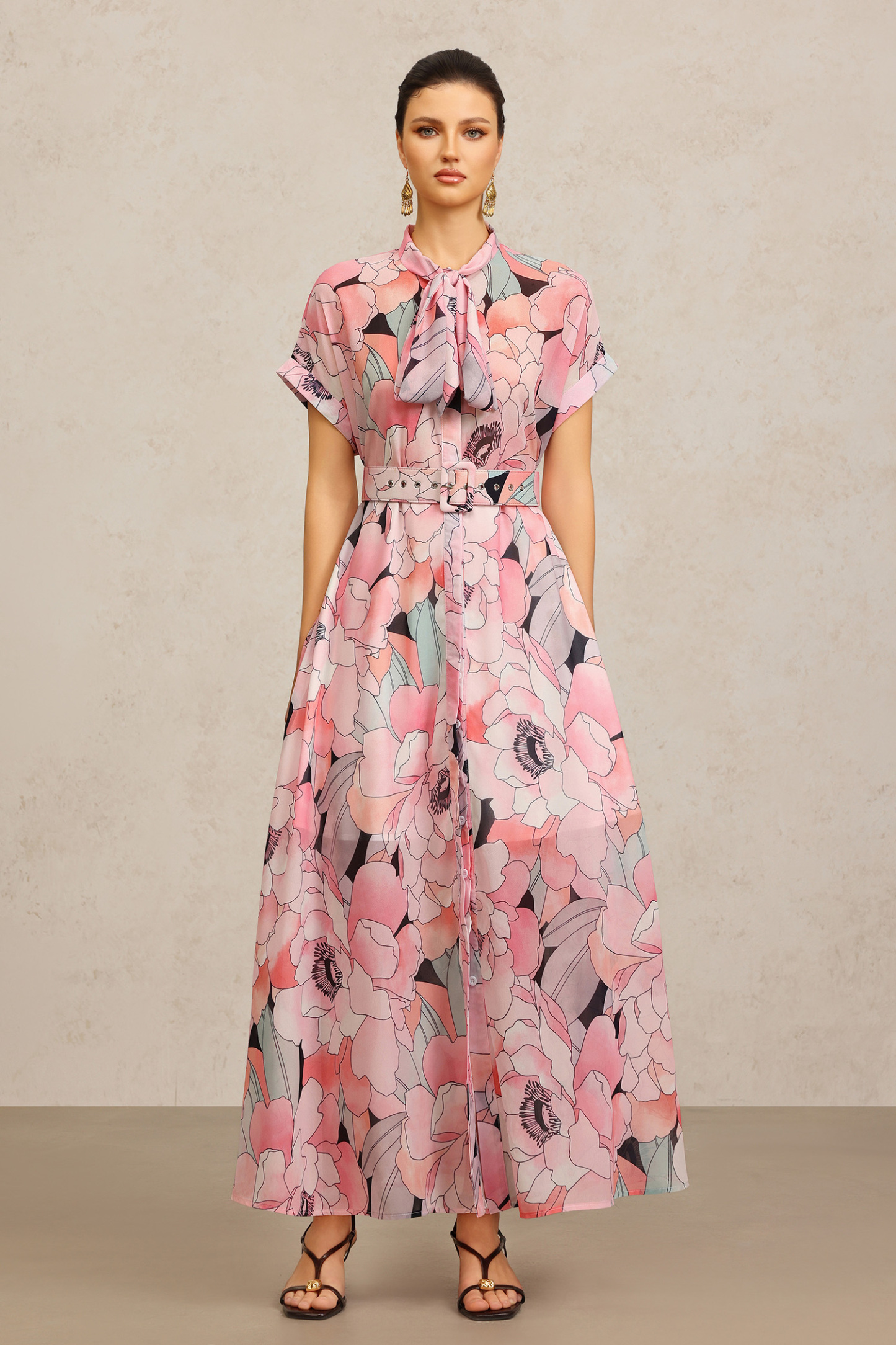 Sinai Short Sleeves Floral Printed Bowknot Maxi Dress