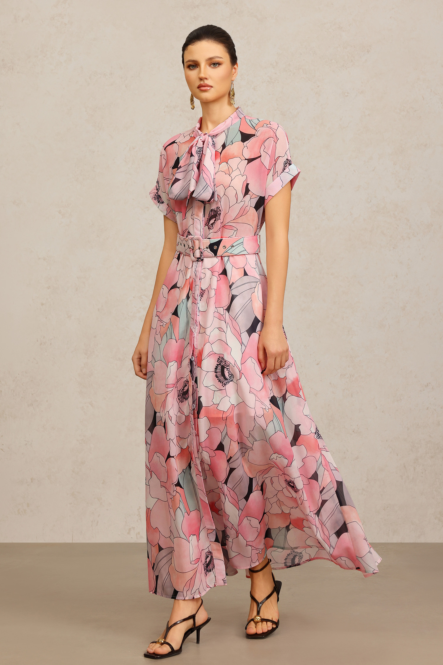 Sinai Short Sleeves Floral Printed Bowknot Maxi Dress