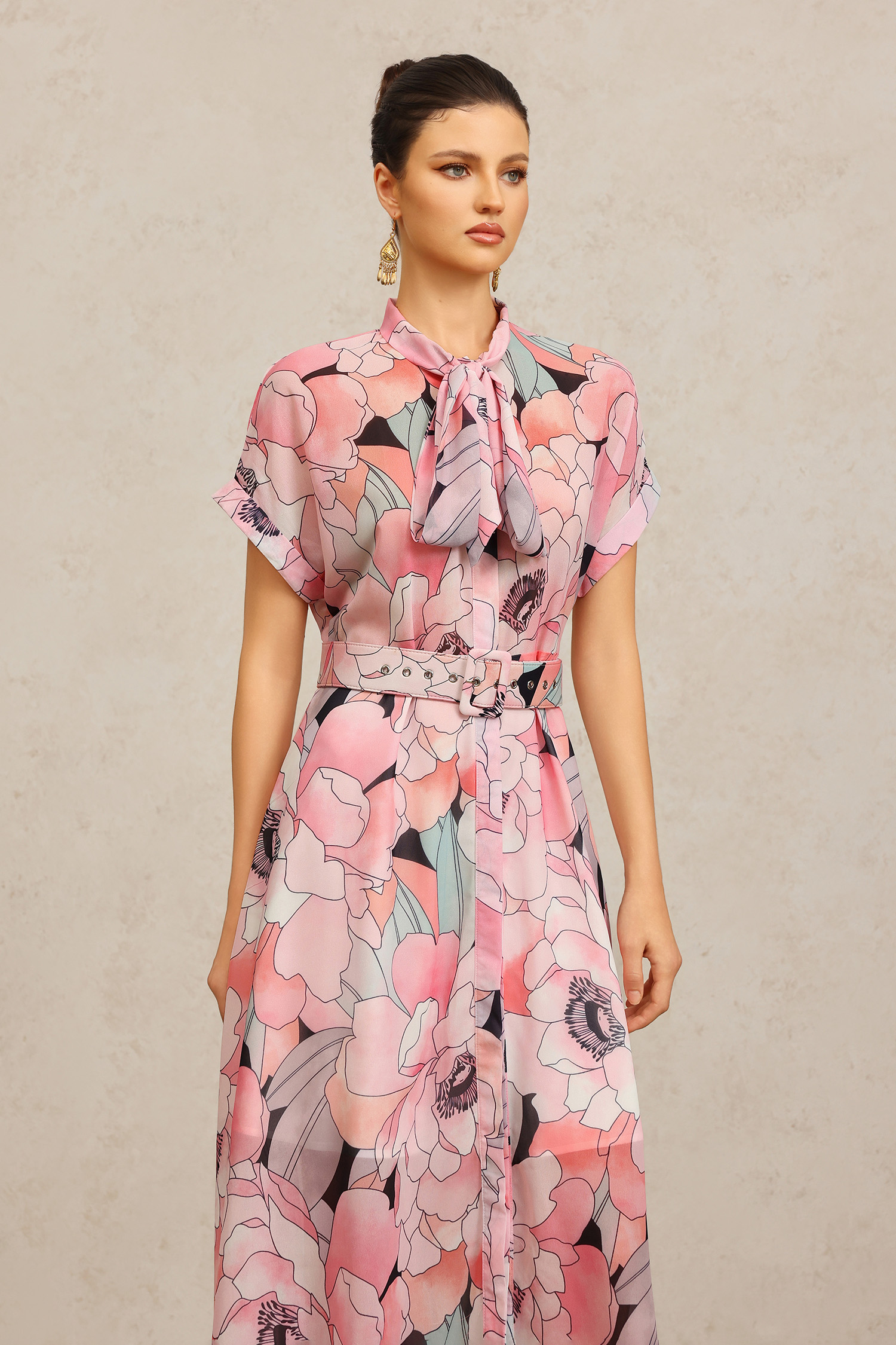 Sinai Short Sleeves Floral Printed Bowknot Maxi Dress