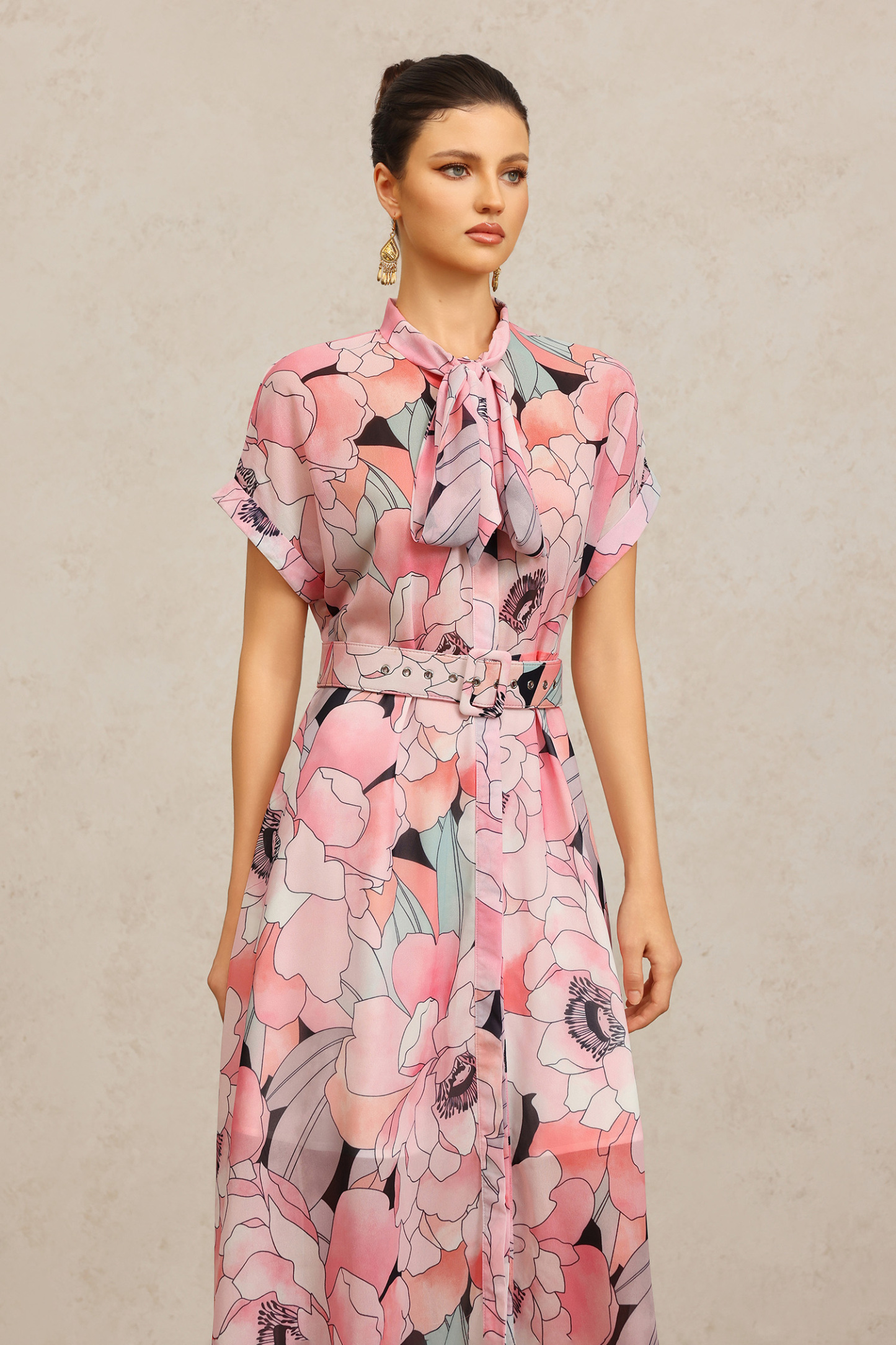 Sinai Short Sleeves Floral Printed Bowknot Maxi Dress
