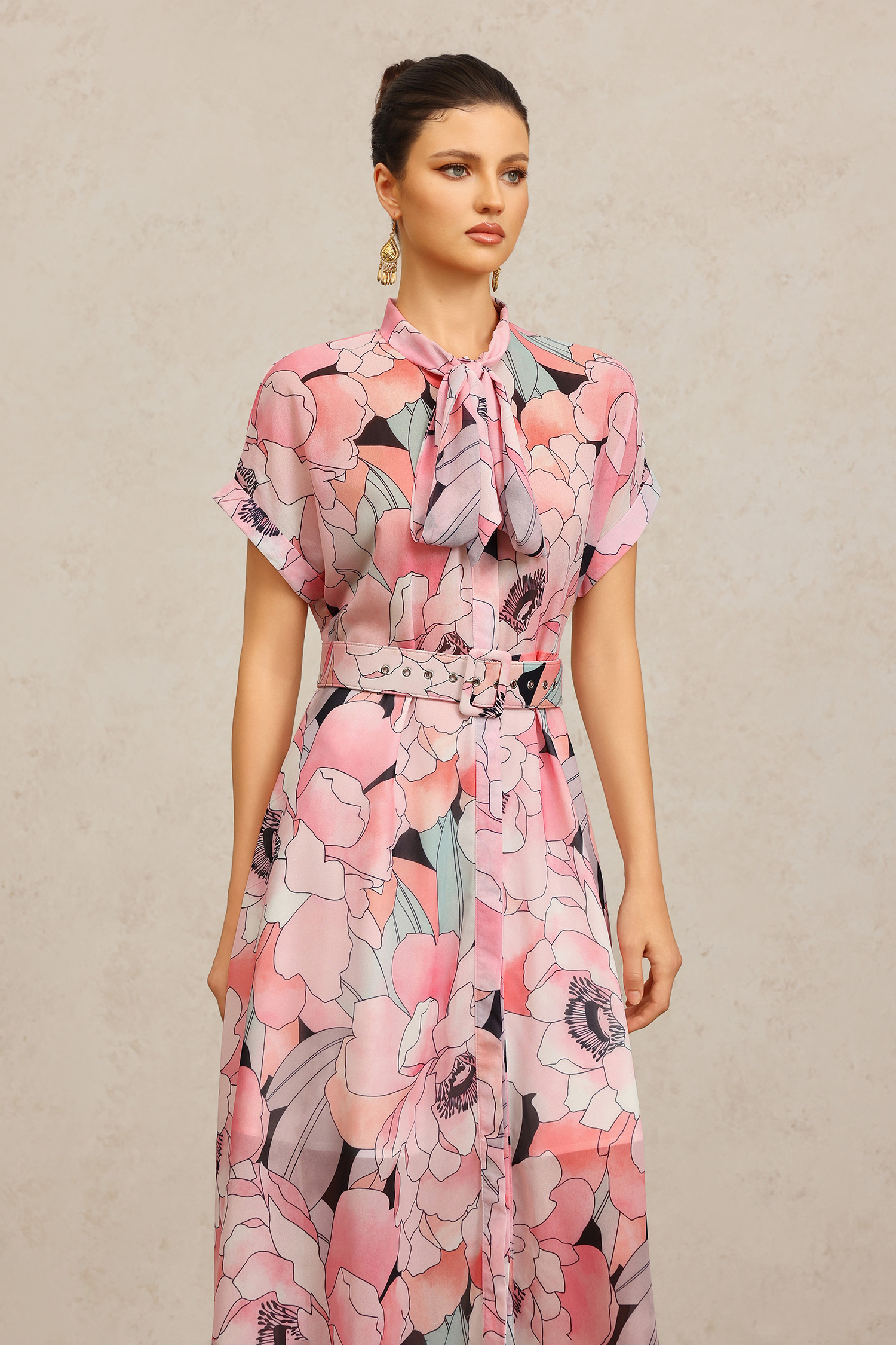 Sinai Short Sleeves Floral Printed Bowknot Maxi Dress