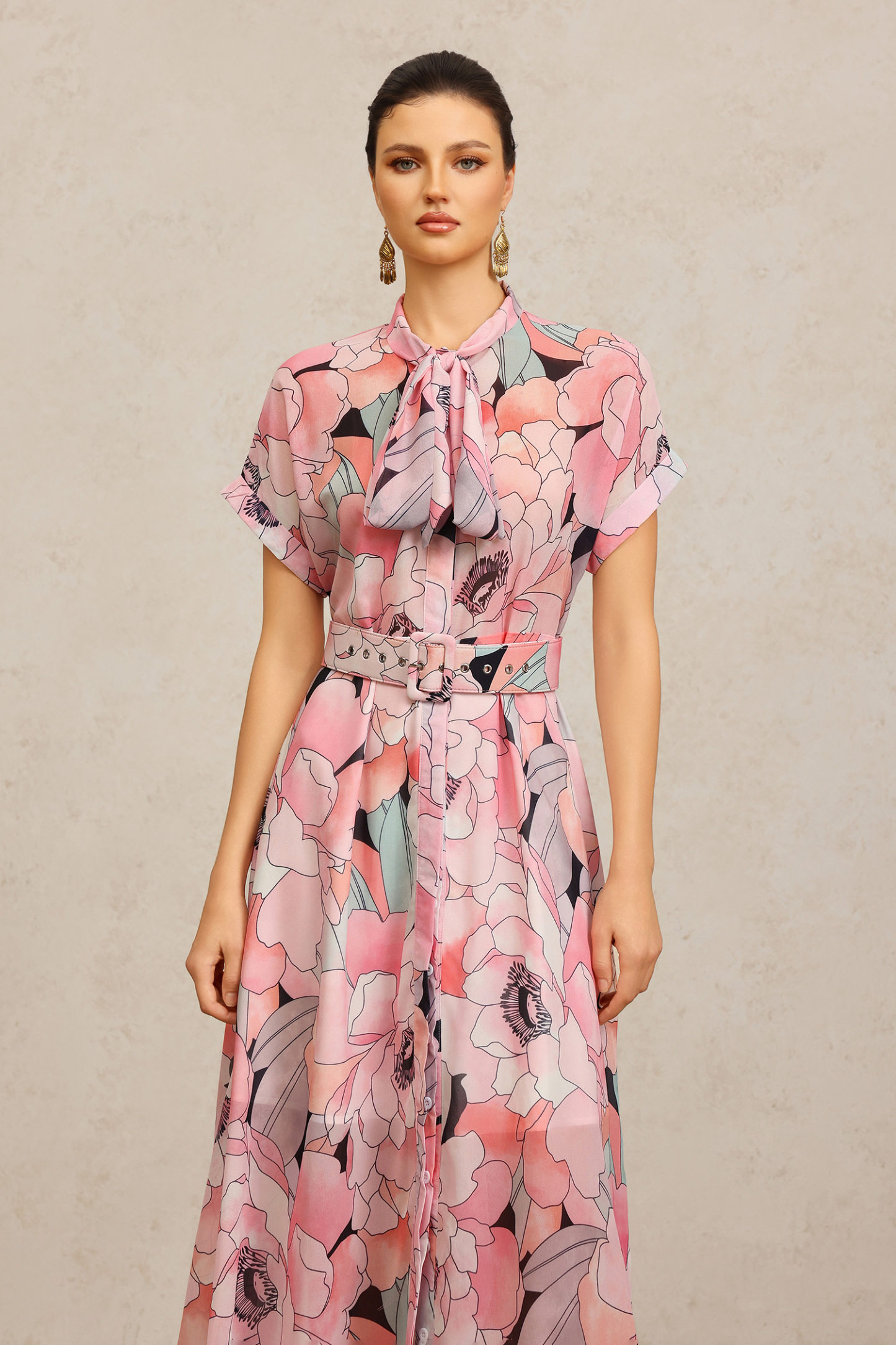 Sinai Short Sleeves Floral Printed Bowknot Maxi Dress