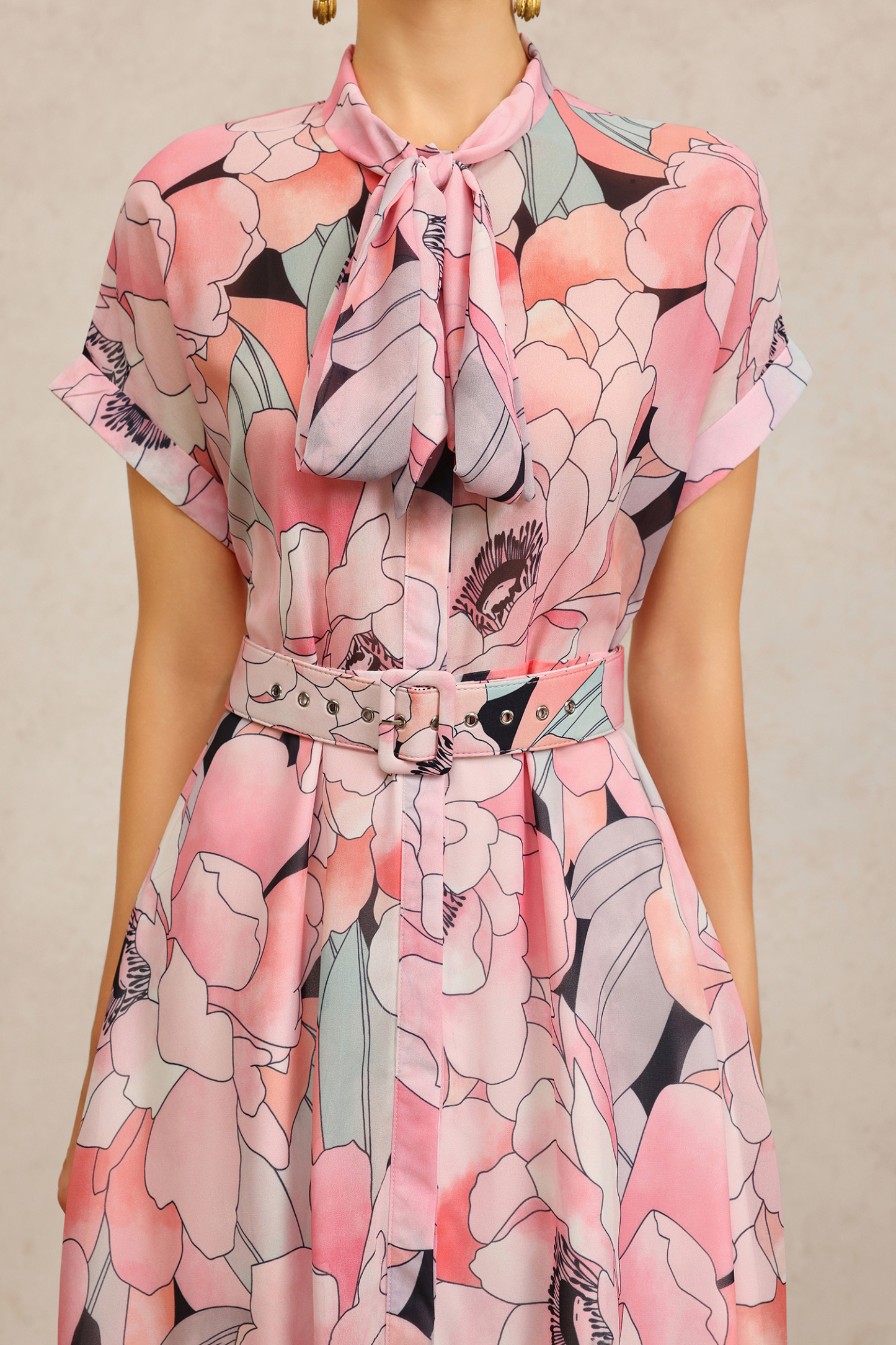 Sinai Short Sleeves Floral Printed Bowknot Maxi Dress