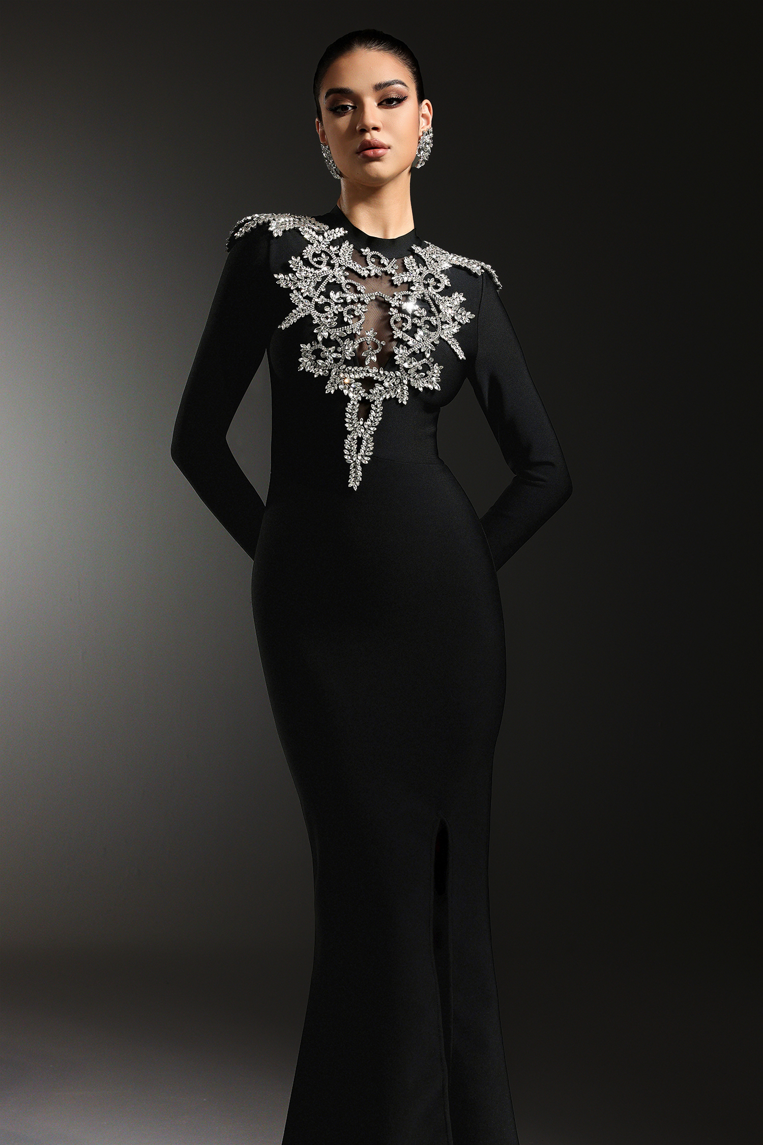 Saloha Long Sleeves Diamond Slit Fish Tail Bandage Maxi Dress