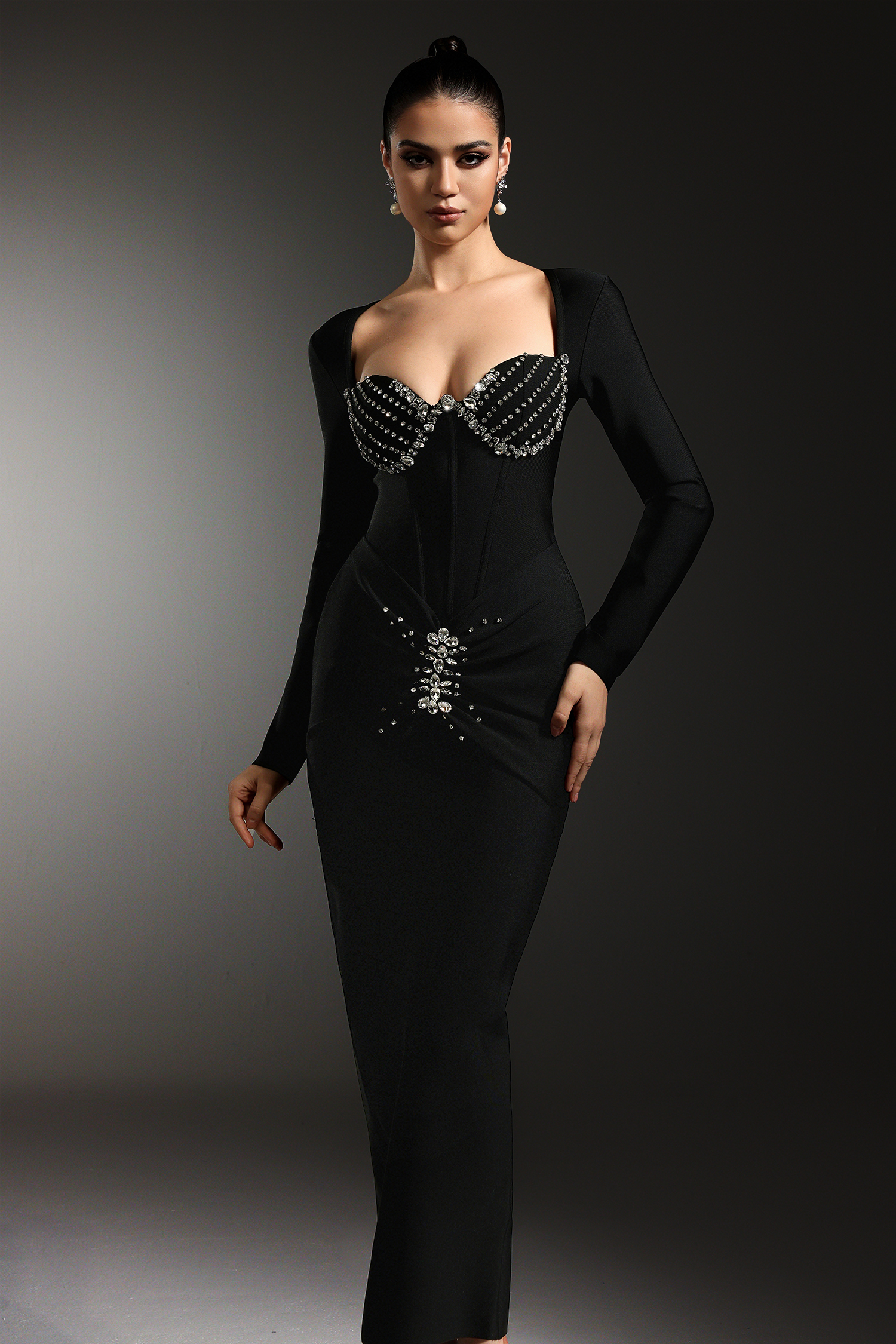 Vinly Long Sleeves Diamond Bandage Maxi Dress