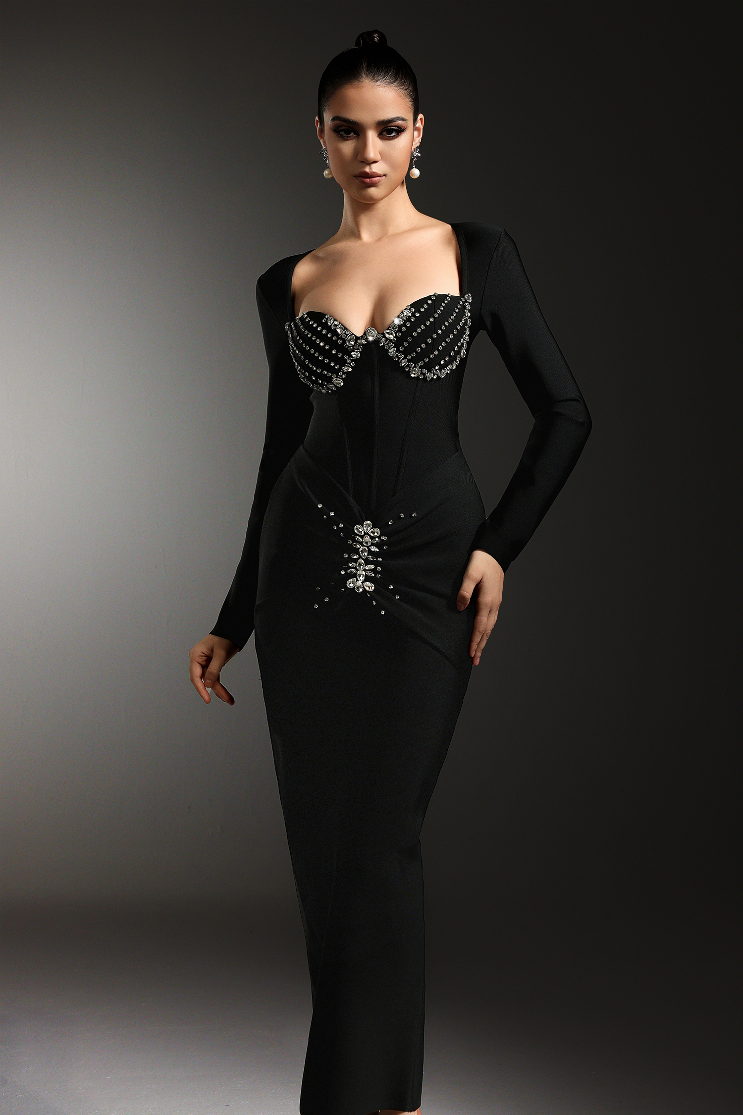 Vinly Long Sleeves Diamond Bandage Maxi Dress