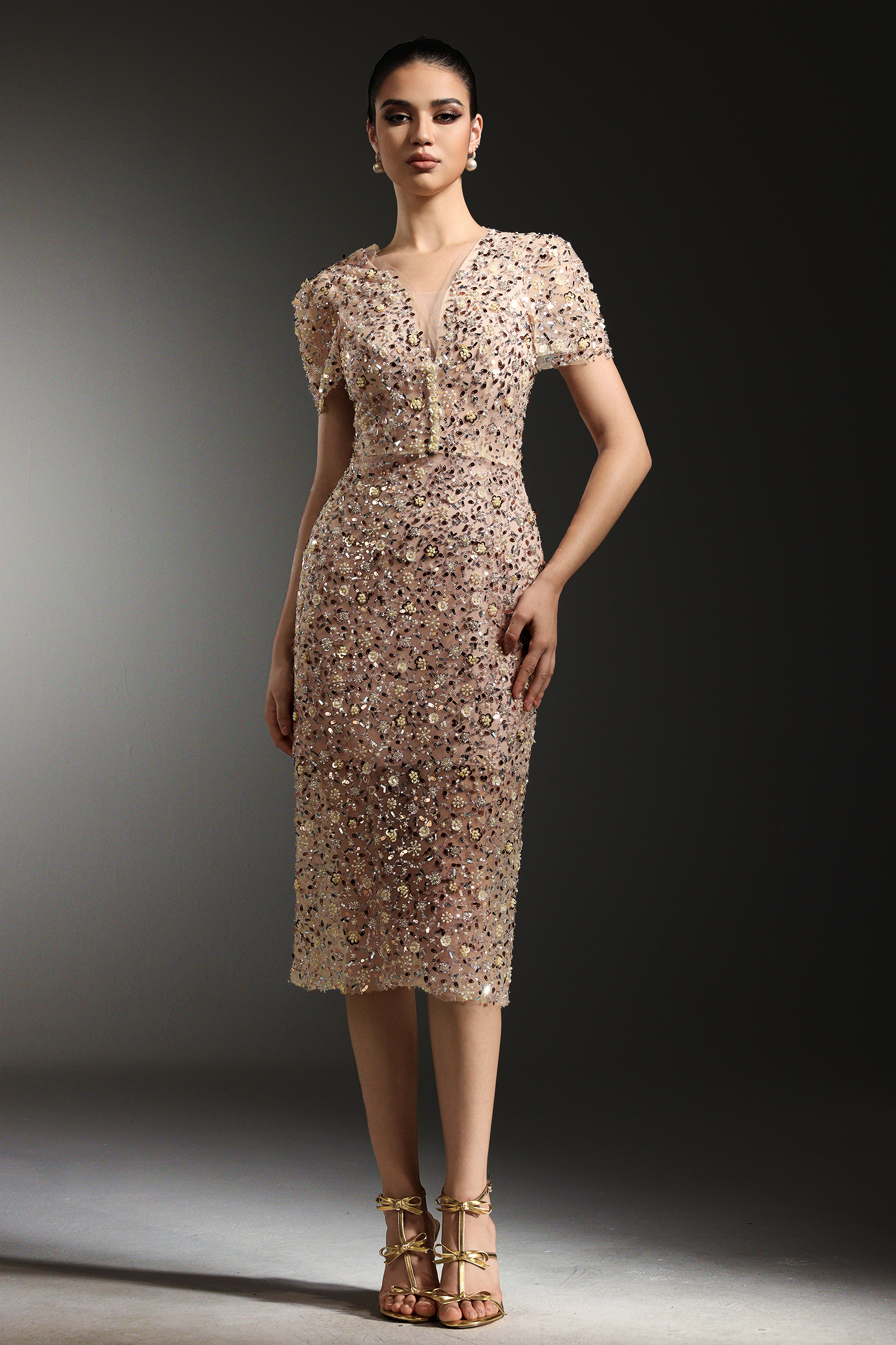 Rafik Short Sleeves V-Neck Diamond Pearl Maxi Dress