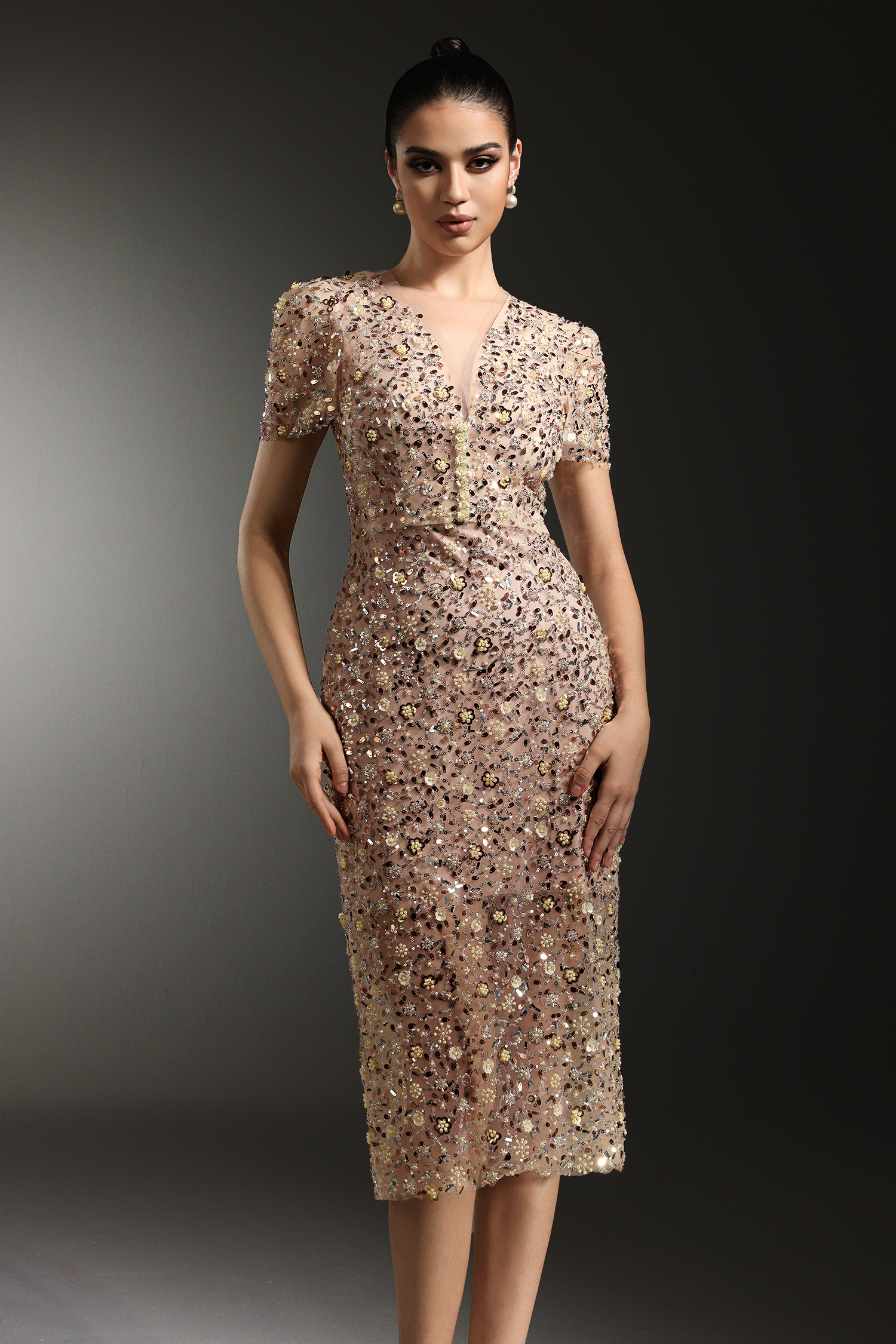 Rafik Short Sleeves V-Neck Diamond Pearl Maxi Dress