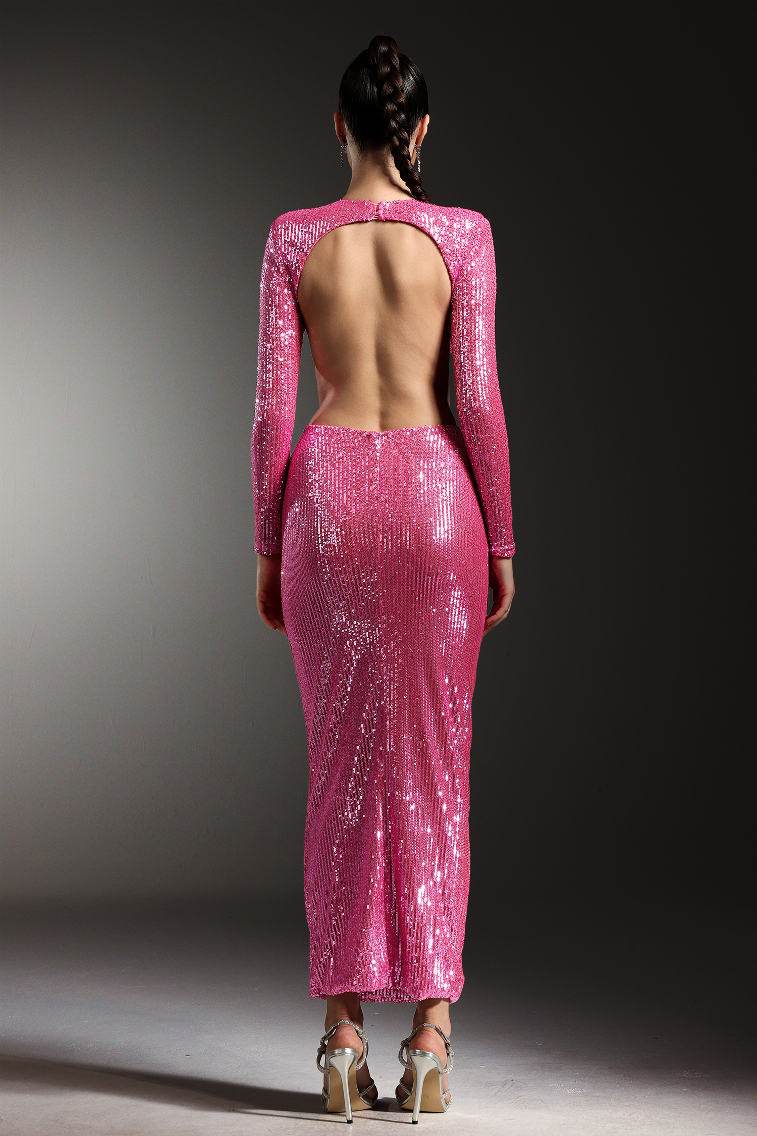 Kusa Long Sleeves Hollow Out Flower Sequin Maxi Dress