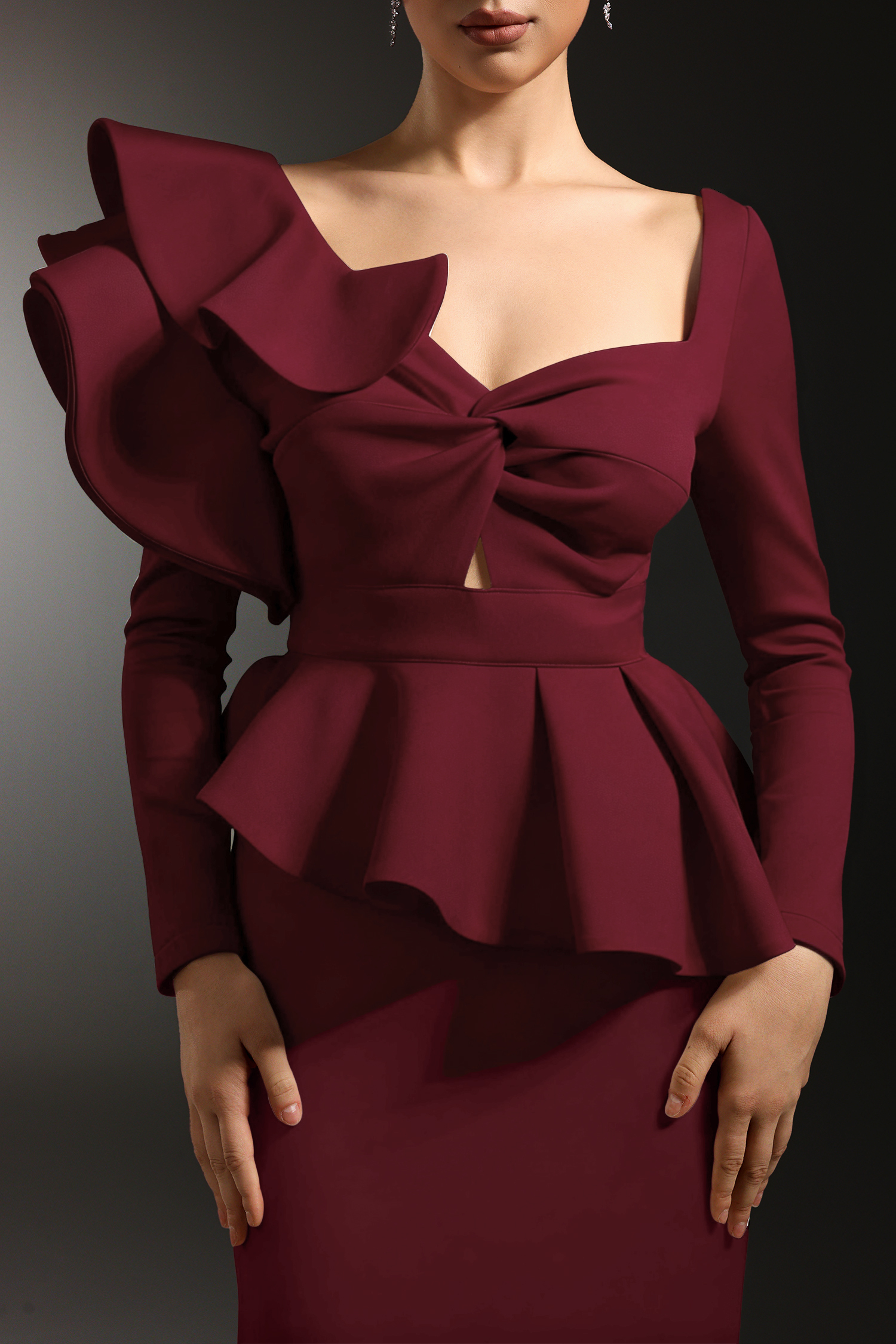 Faray Ruffled Long Sleeves Red Maxi Dress