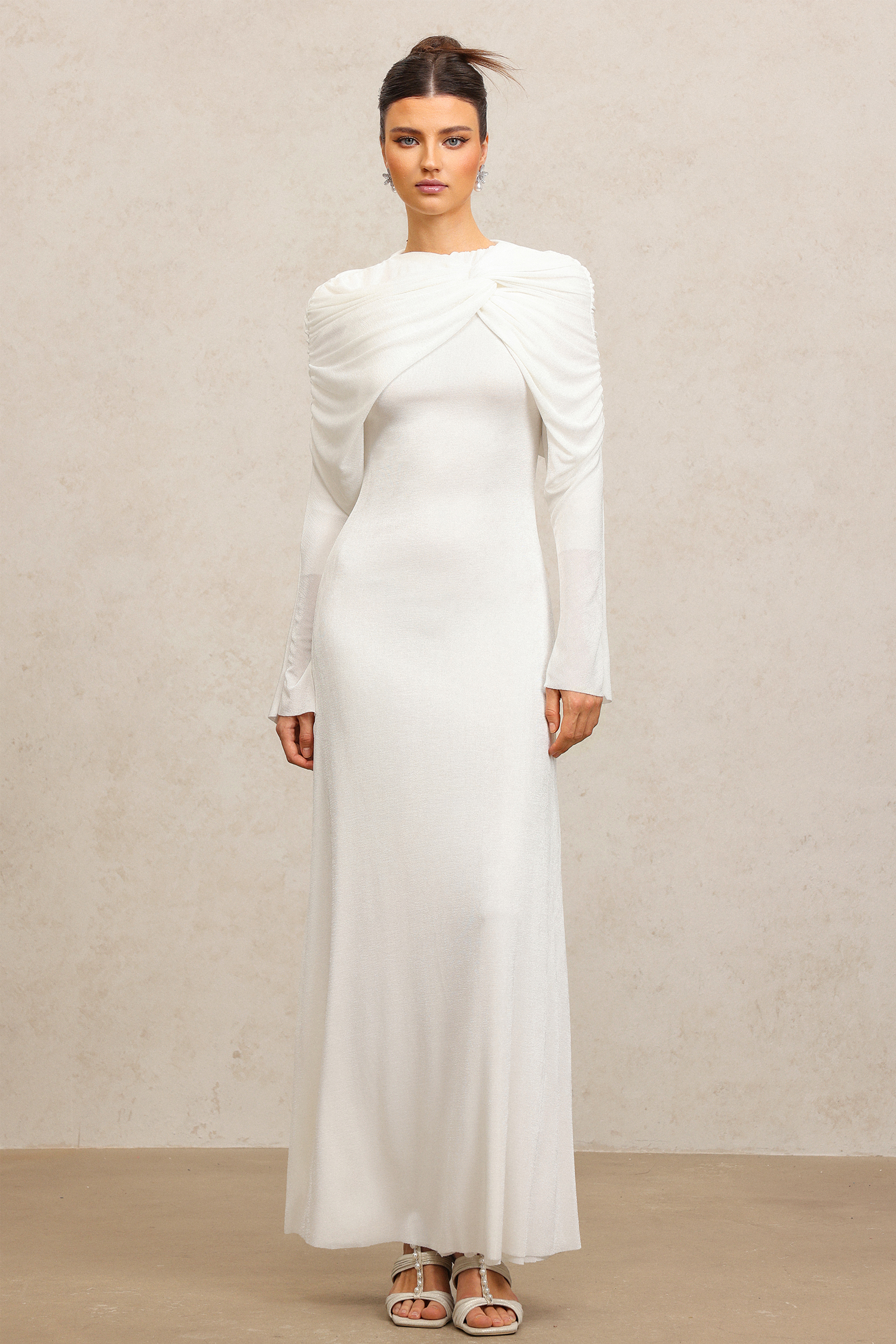 Kolari Round Neck Long Sleeves Asymmetric Folds White Maxi Dress